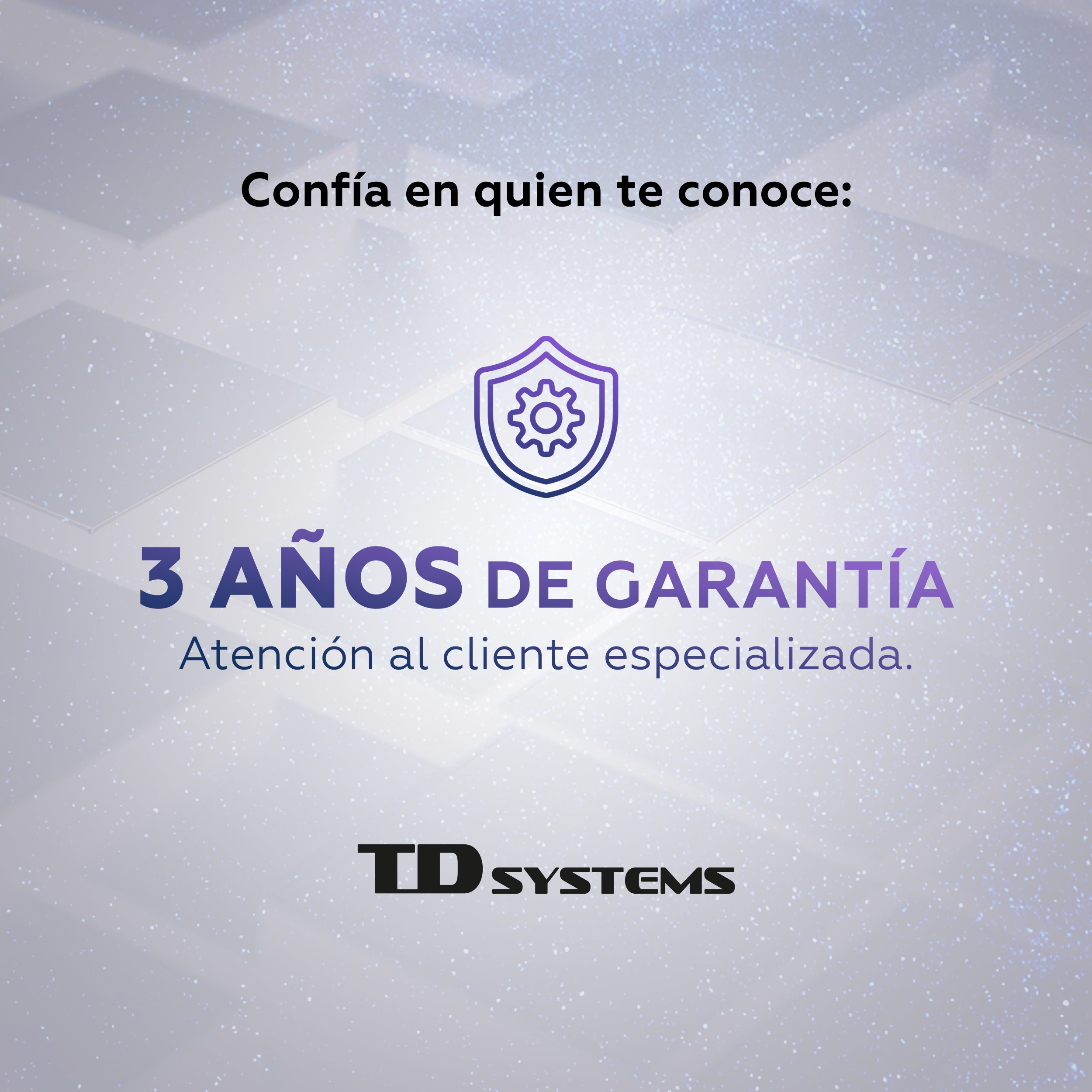 Imagen promocional con texto y un logotipo de escudo. Dice: "3 AÑOS DE GARANTÍA".