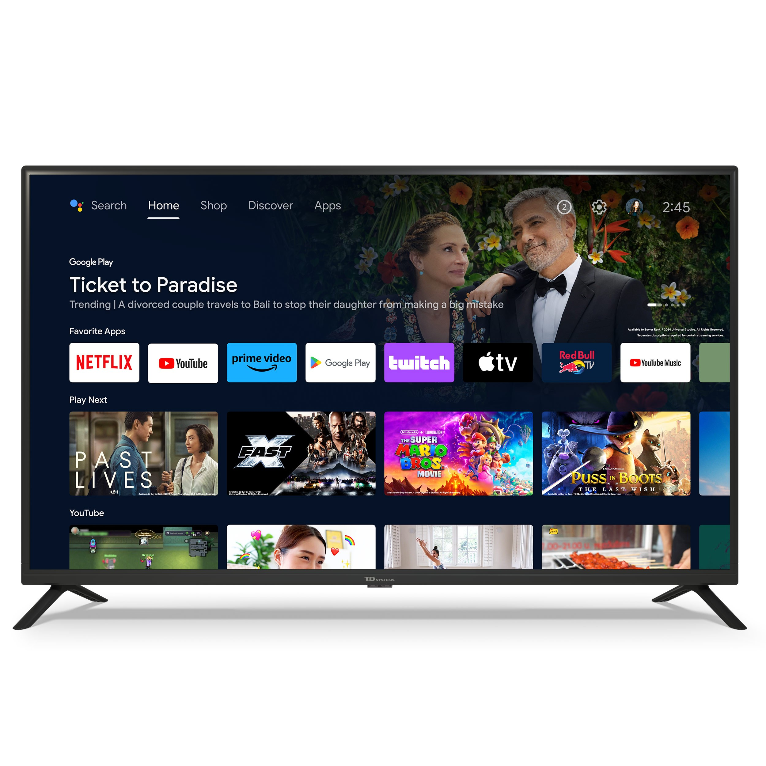 Un televisor de pantalla plana muestra un menú con opciones de películas. Varios iconos de aplicaciones son visibles.