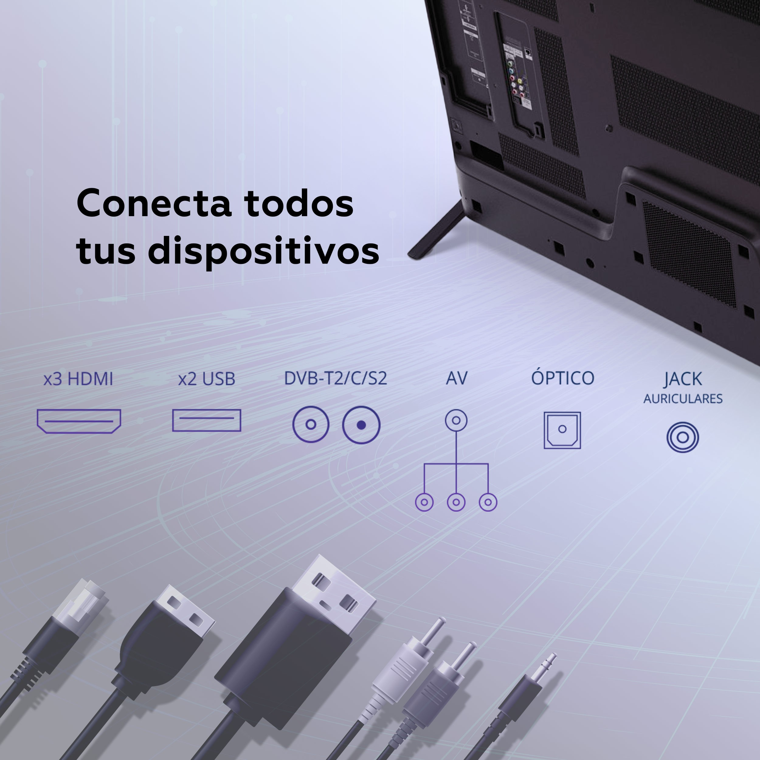 Un televisor con varios puertos y cables mostrados, con un fondo blanco.