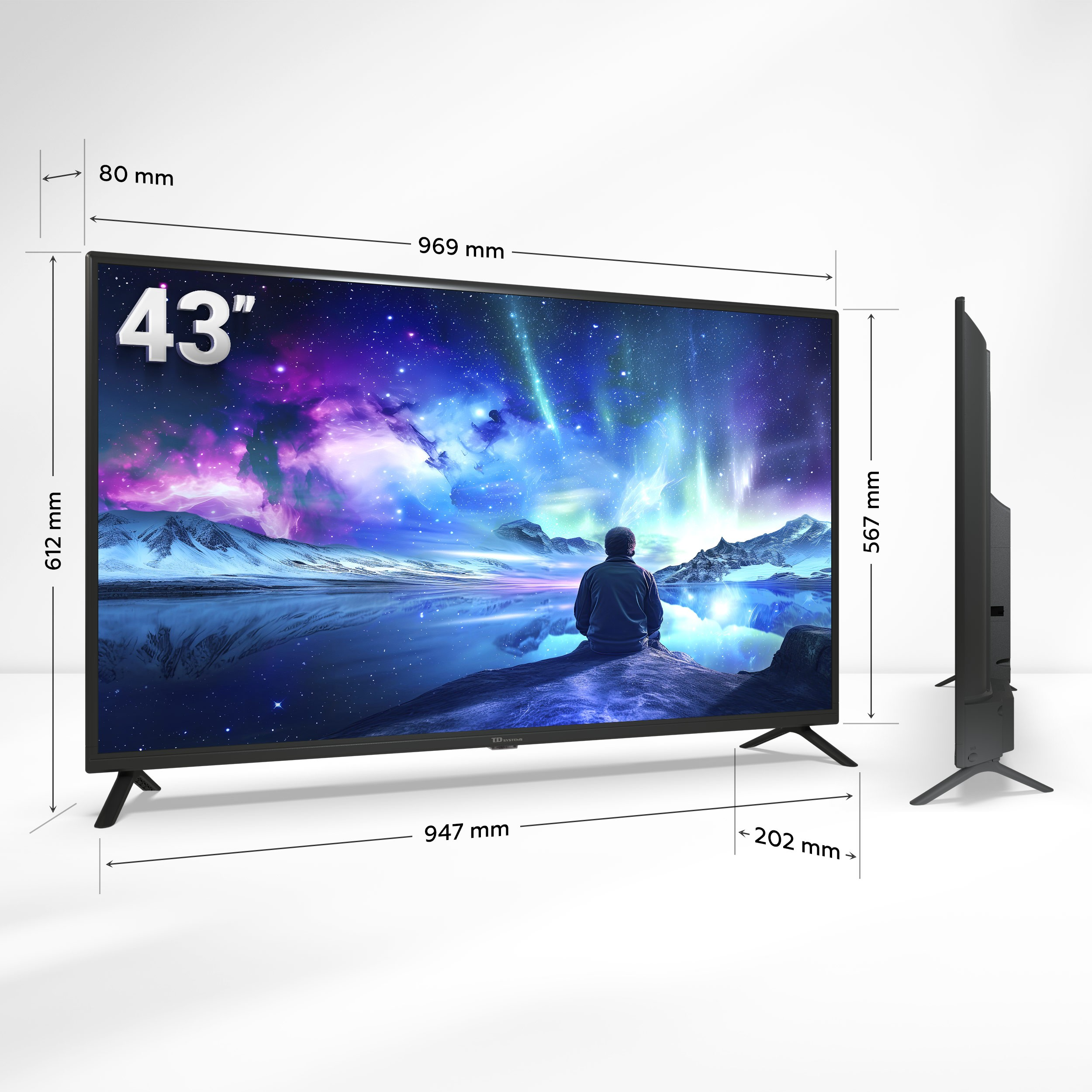 Pantalla de TV de 43 pulgadas con un hombre de fondo, junto con dimensiones y medidas.