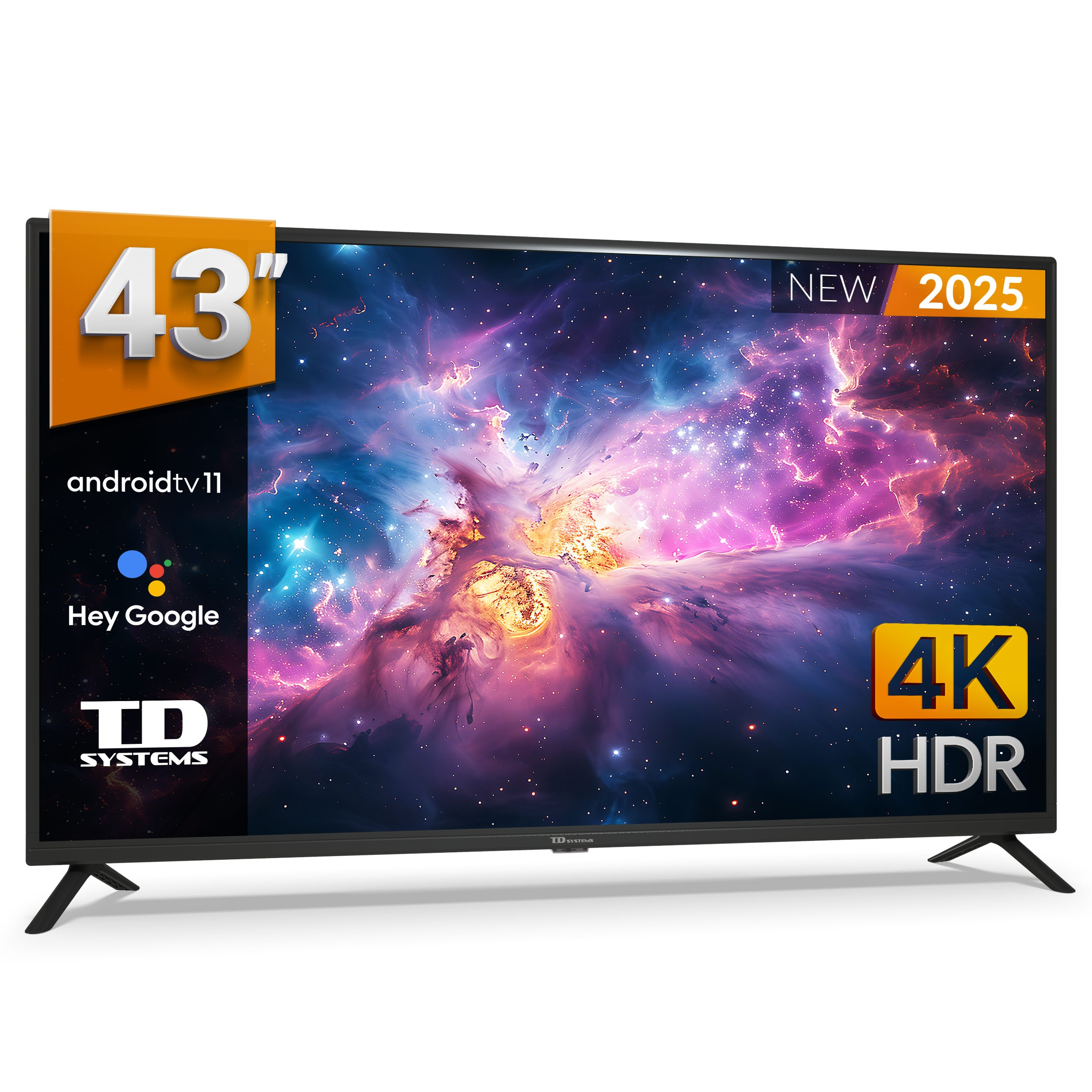 Un televisor de pantalla plana grande que muestra una imagen colorida de la galaxia. El televisor tiene un marco negro.
