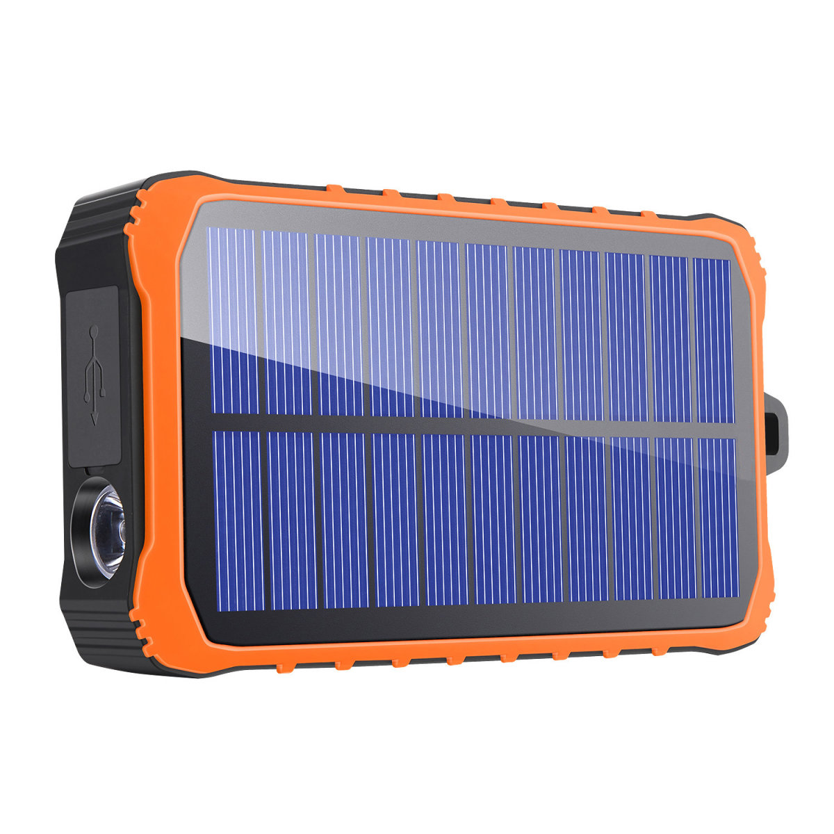 Ein solarbetriebenes Gerät, oranger Rahmen, mit einem blauen Panel aus Solarzellen und einer Taschenlampe.