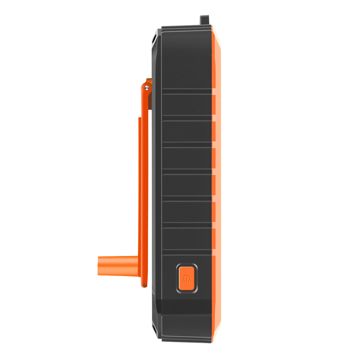 Seitenansicht eines orange-schwarzen tragbaren Netzteils mit Kurbel und Knopf.