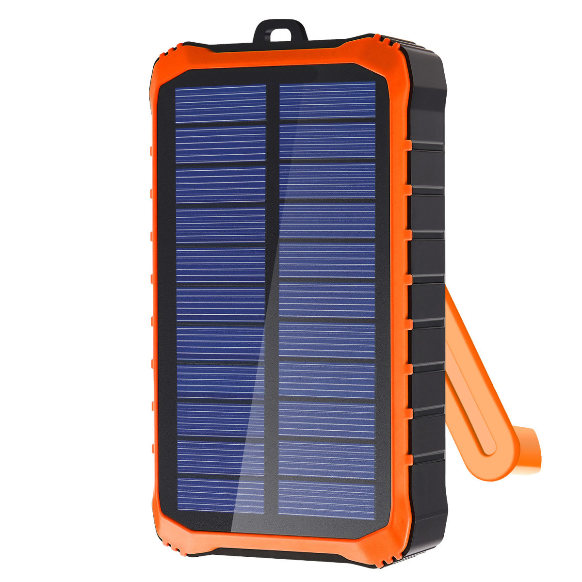 Ein orangefarbenes und schwarzes tragbares Solarladegerät mit einem blauen Panel.