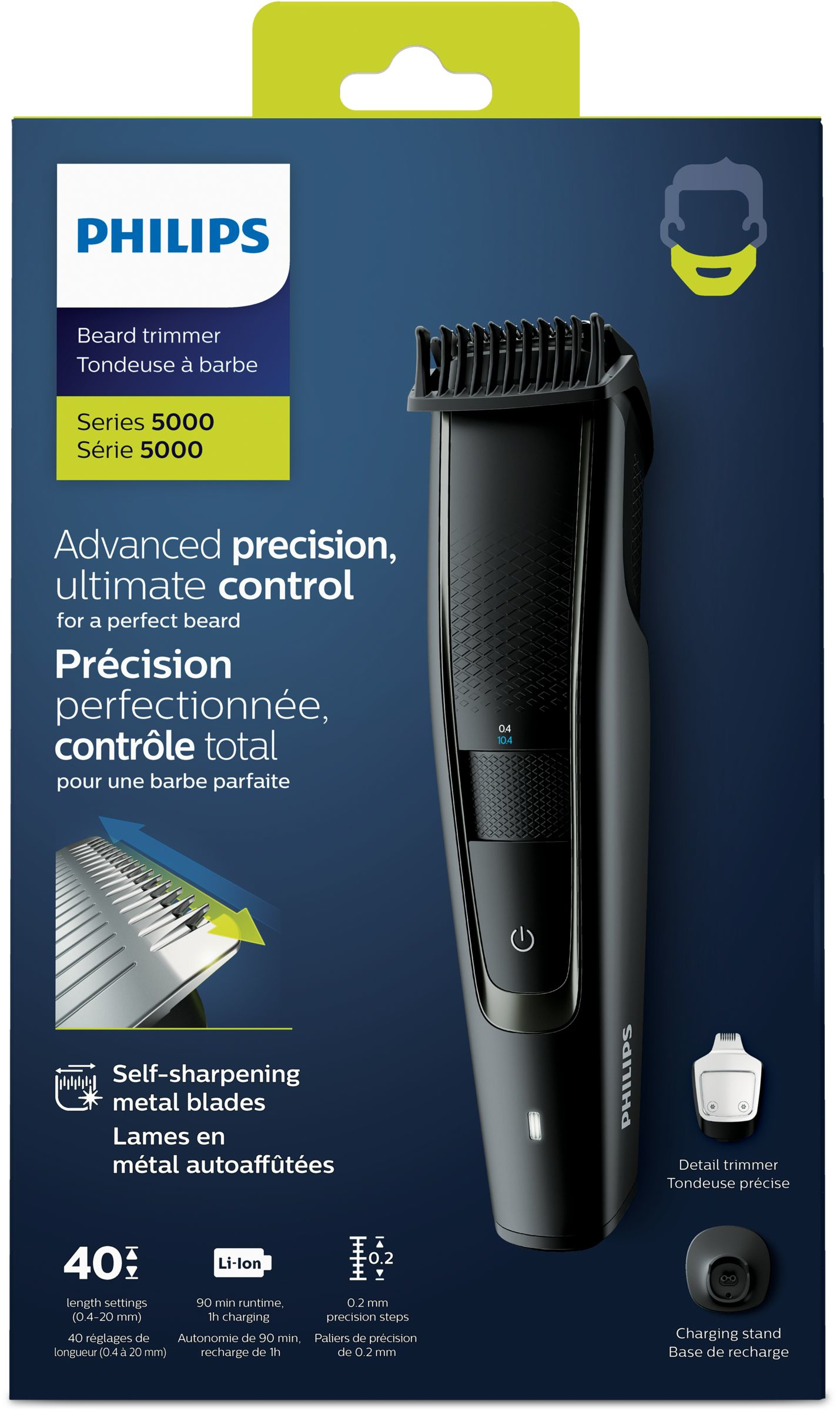 Set de caja de recortadora de barba Philips con imagen de recortadora. Fondo azul, texto.