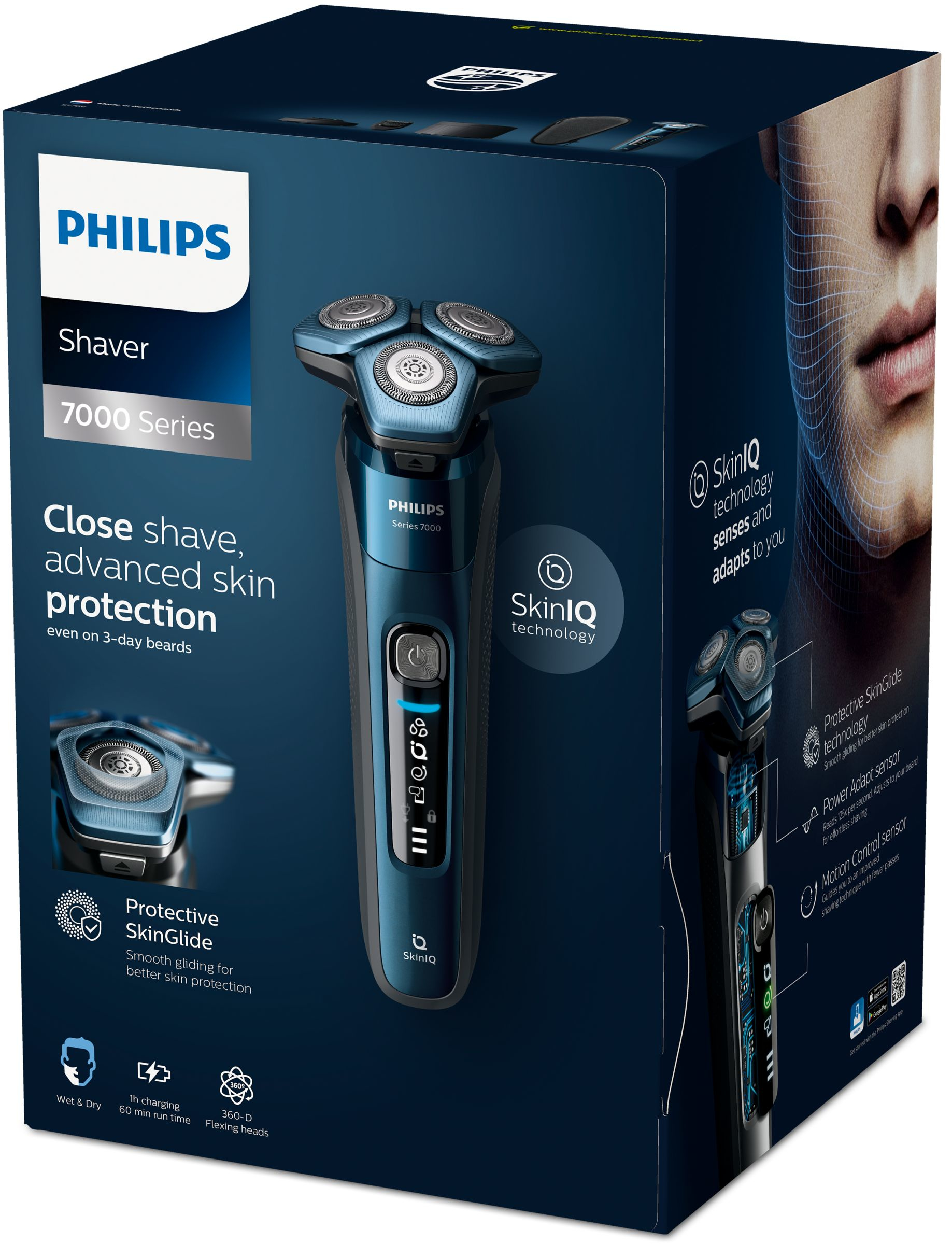 Una scatola del rasoio Philips Serie 7000. Mostra il rasoio e le sue caratteristiche.