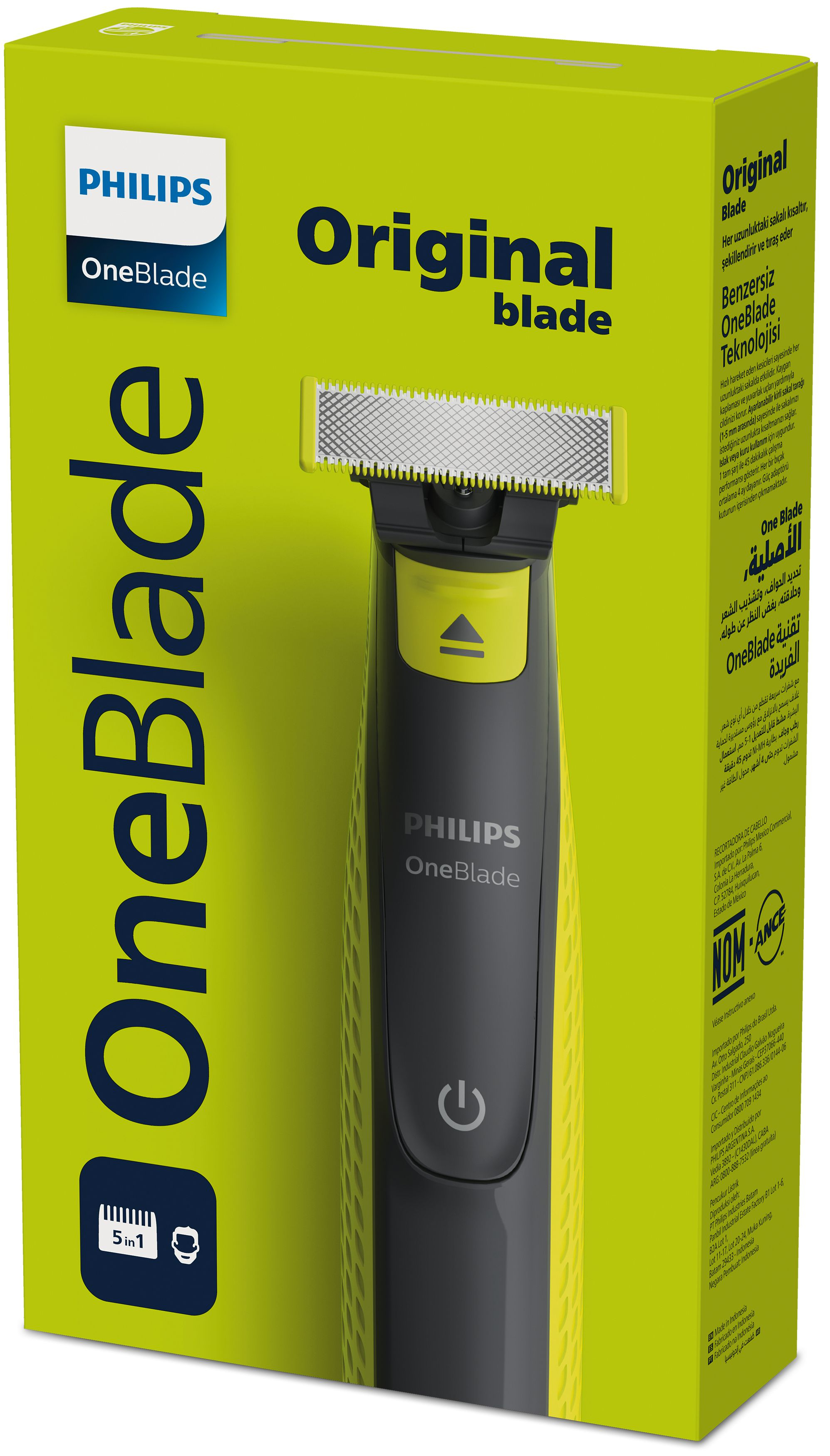 Caja Philips OneBlade, verde con imagen de afeitadora. La afeitadora es amarilla y negra.