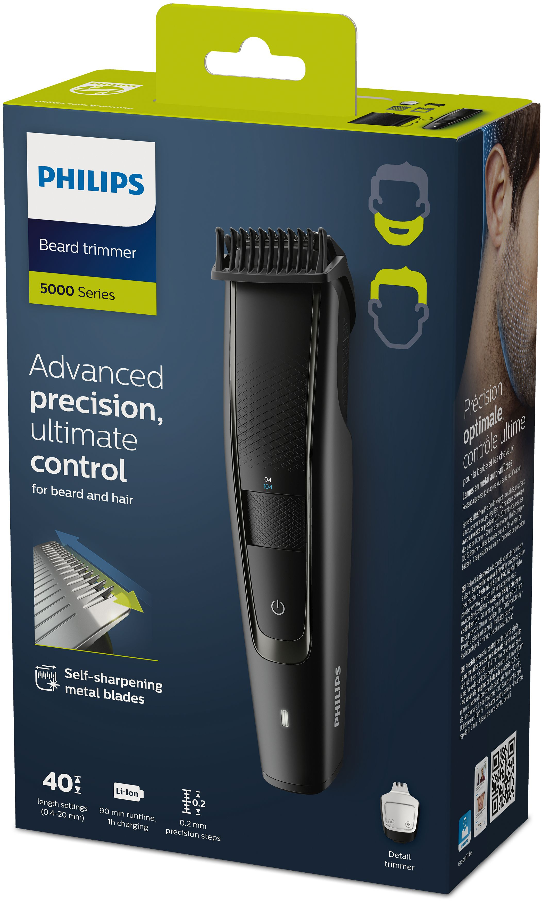 Schwarzer Philips Bartschneider in seiner Box, mit Produktinfo.