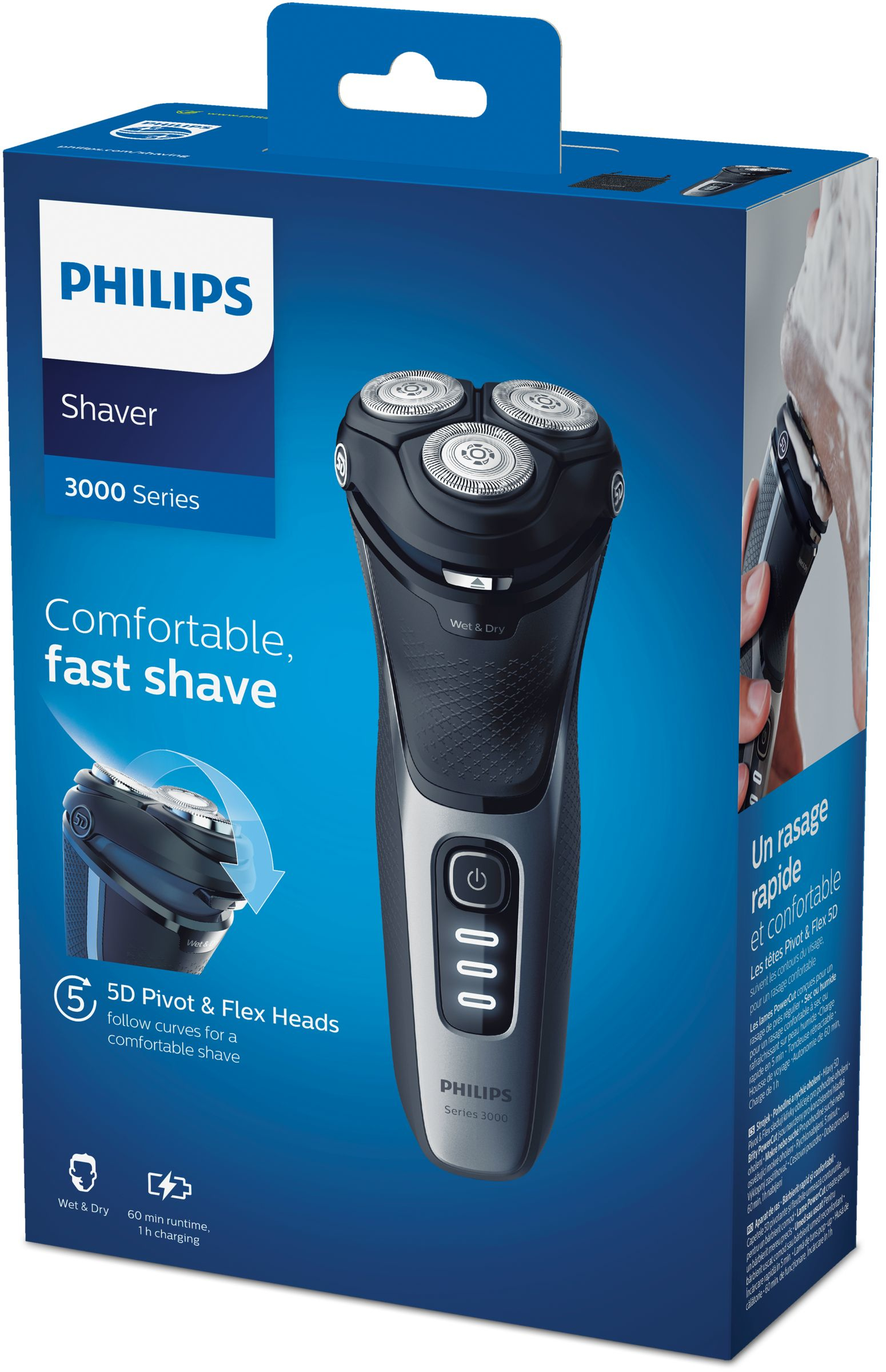 Embalaje de la afeitadora Philips Serie 3000, con afeitadora y características.