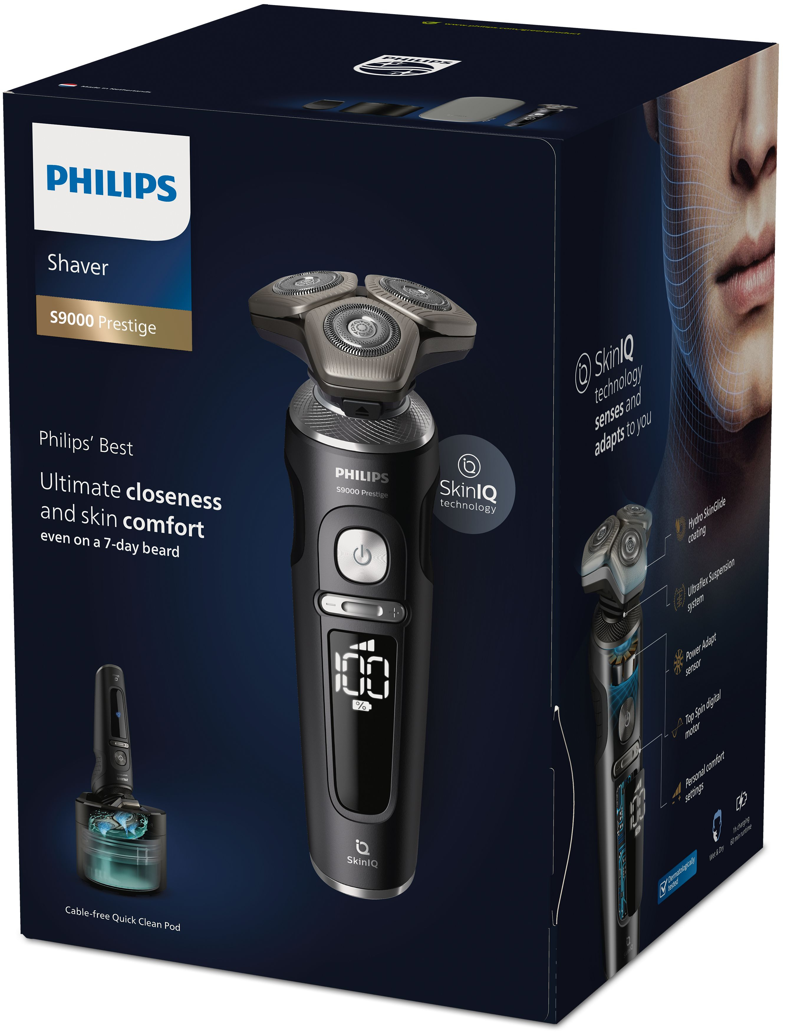 Golarka Philips S9000 Prestige w pudełku, ze szczegółami produktu i jego funkcjami.