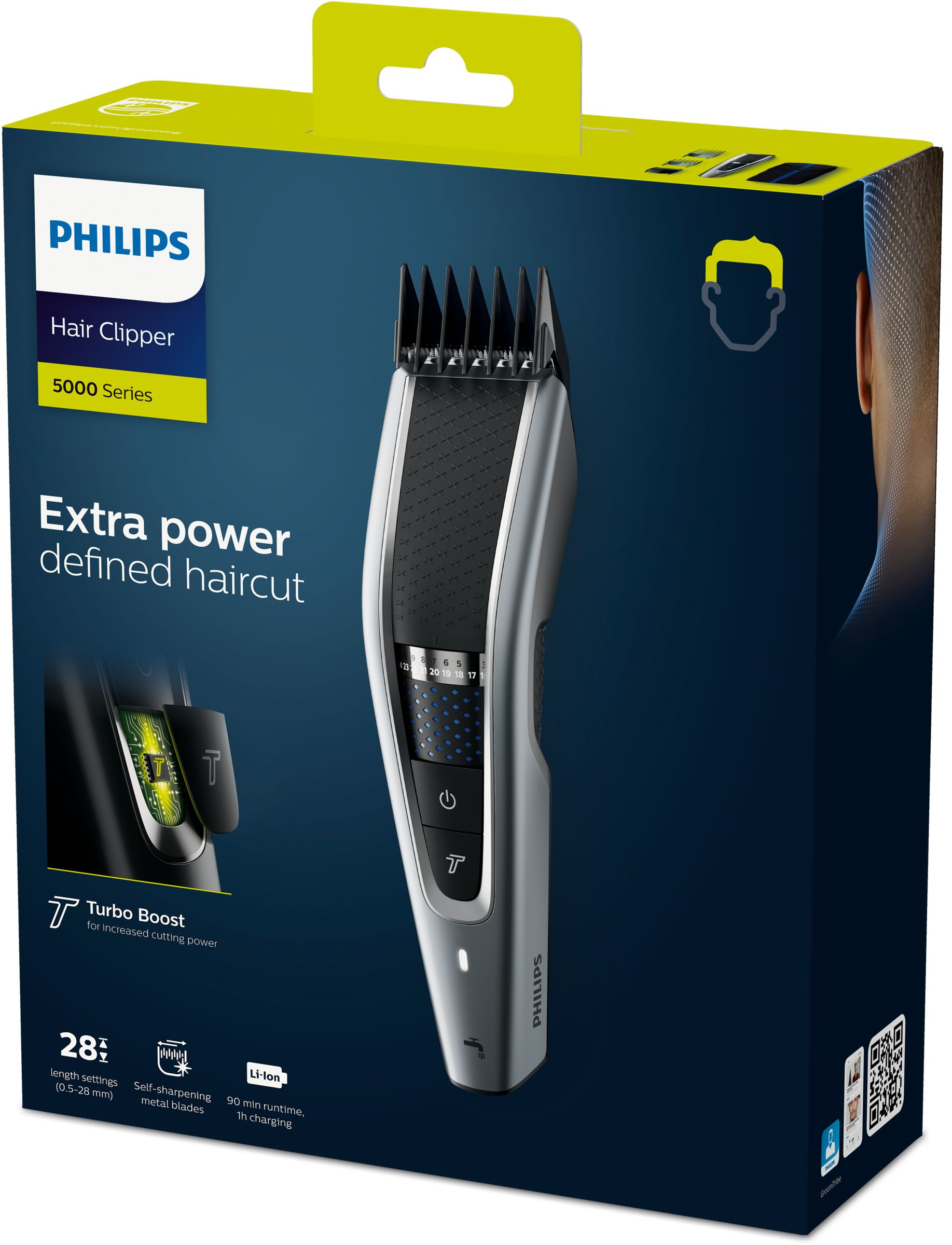 Pudełko Philips Hair Clipper Seria 5000. Zawiera trymer, ustawienia i Turbo Boost.