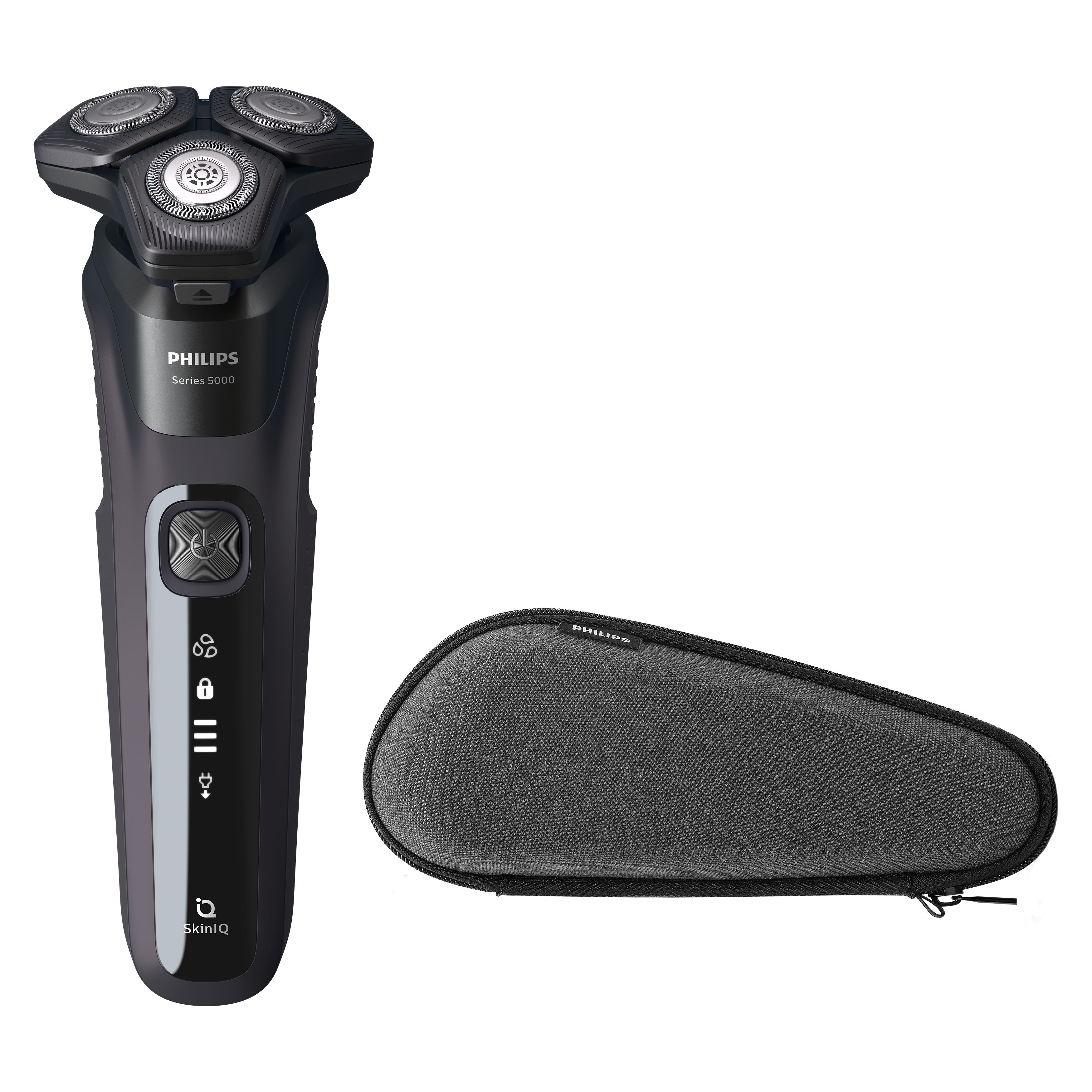 Afeitadora negra Philips Series 5000 y una funda de viaje gris.
