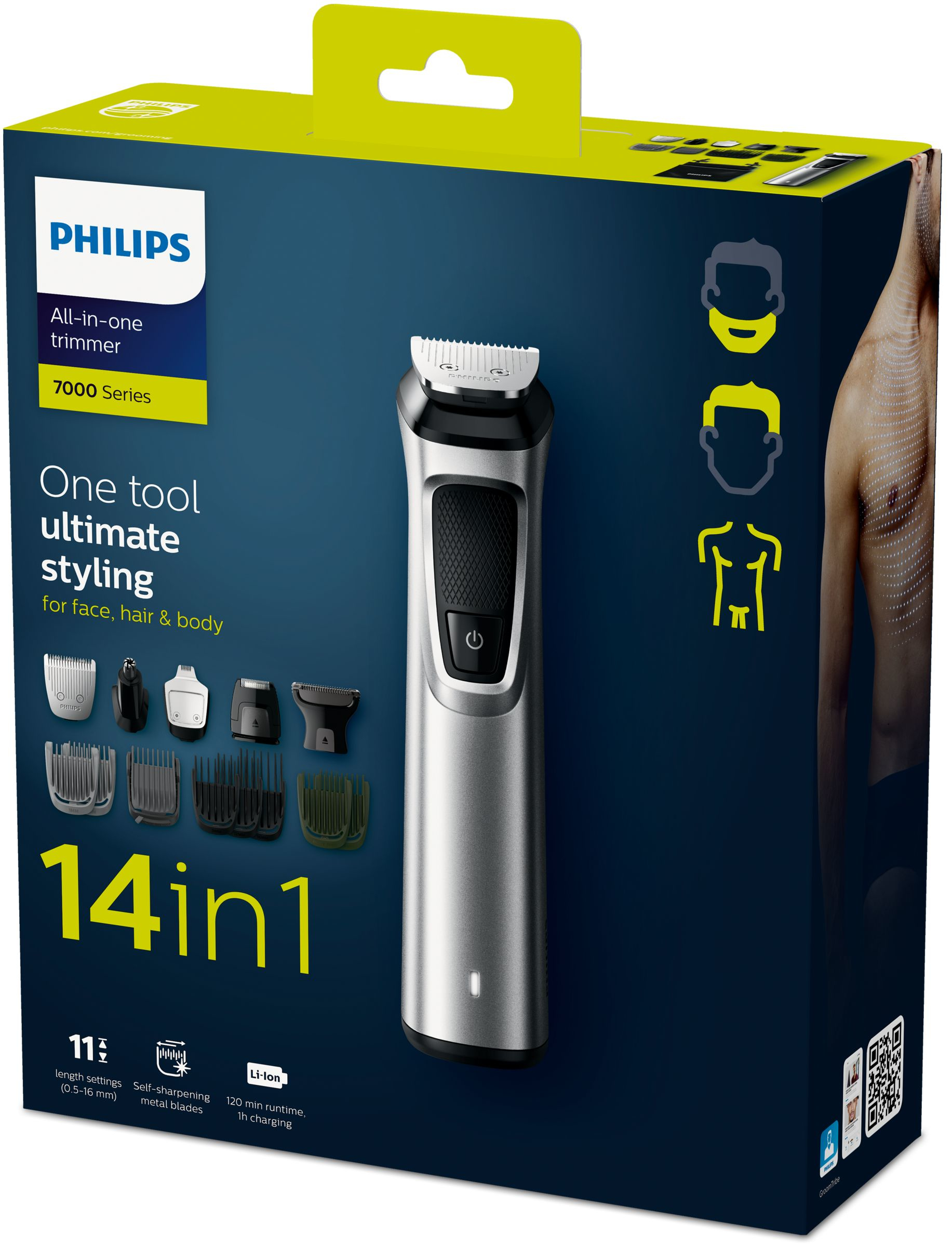 Trimmer Philips all-in-one in scatola. Mostra il trimmer con accessori e diagrammi di utilizzo.