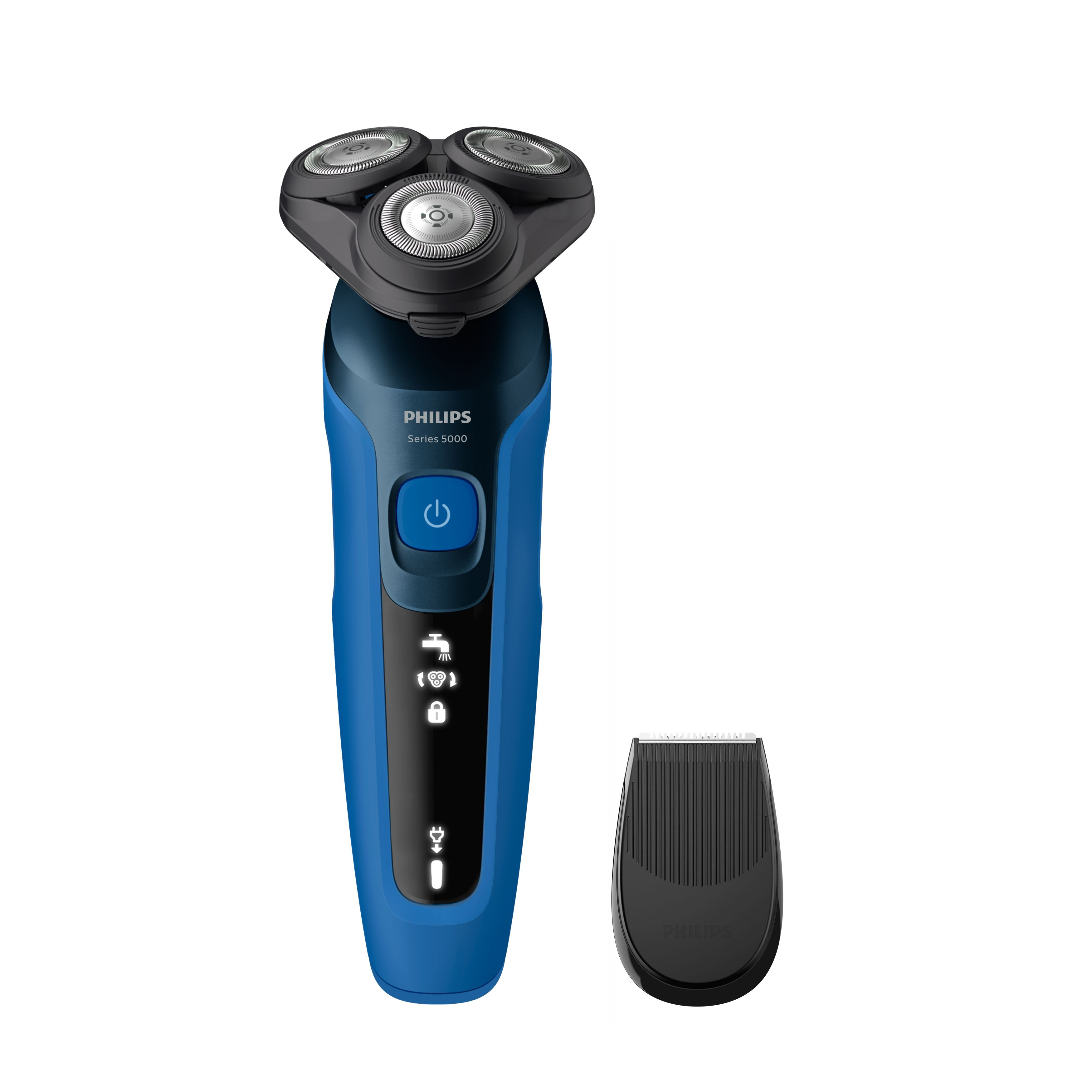 Un rasoio elettrico blu e nero con un accessorio rifinitore è mostrato su sfondo bianco.