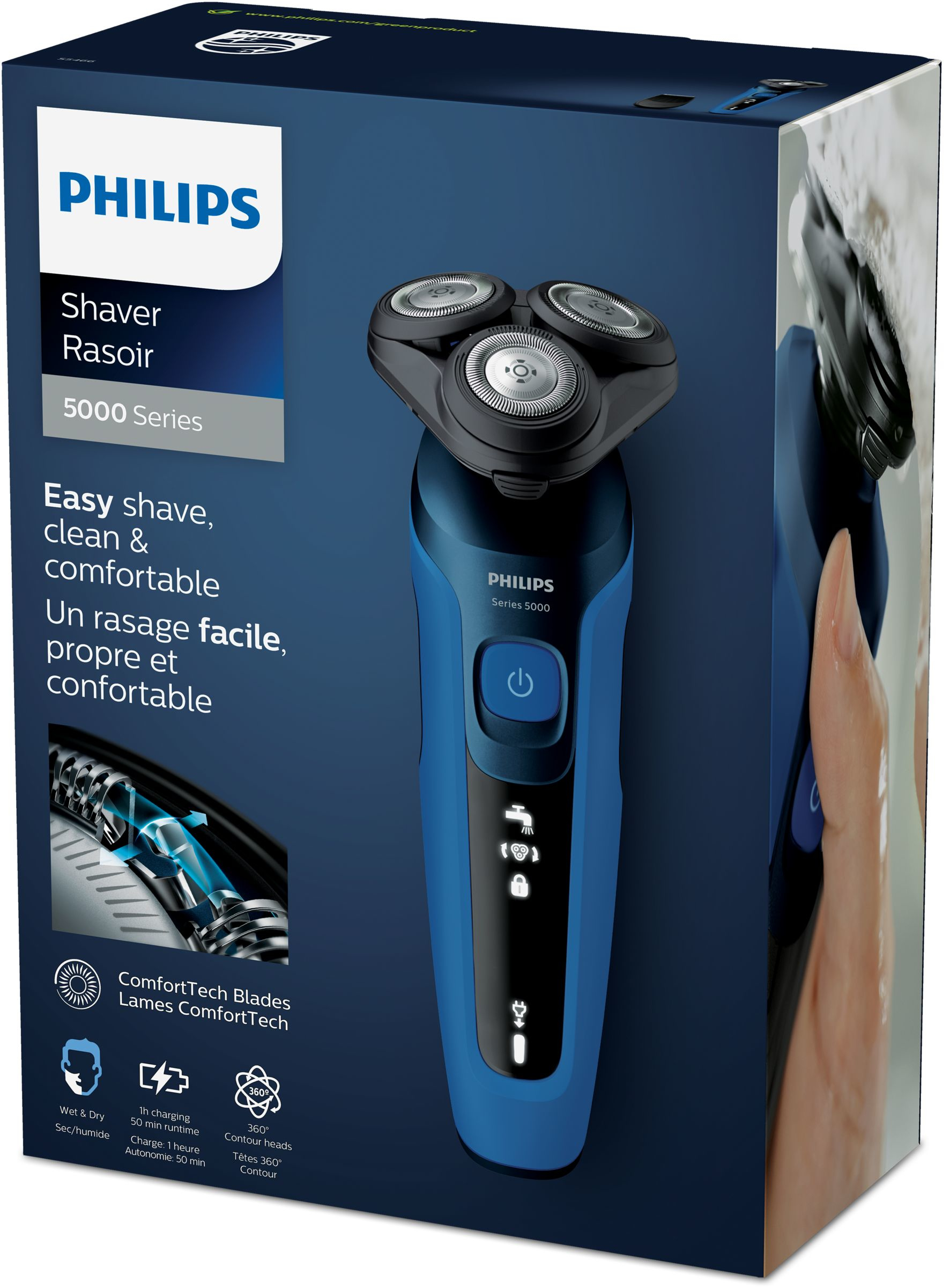 Scatola rasoio elettrico Philips Serie 5000 con rasoio blu e nero.