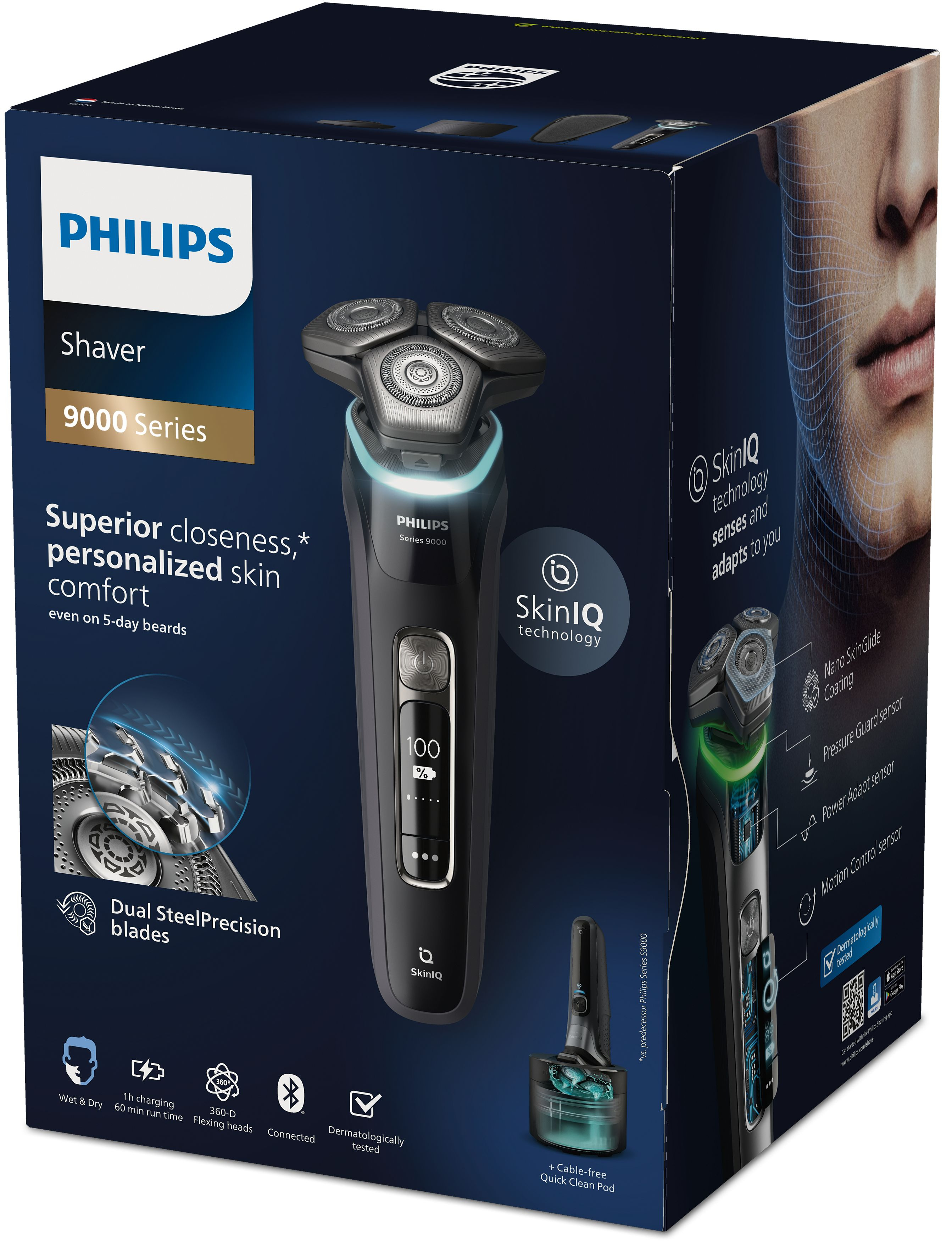 Pudełko z czarną golarką elektryczną Philips, seria 9000, technologia SkinIQ.