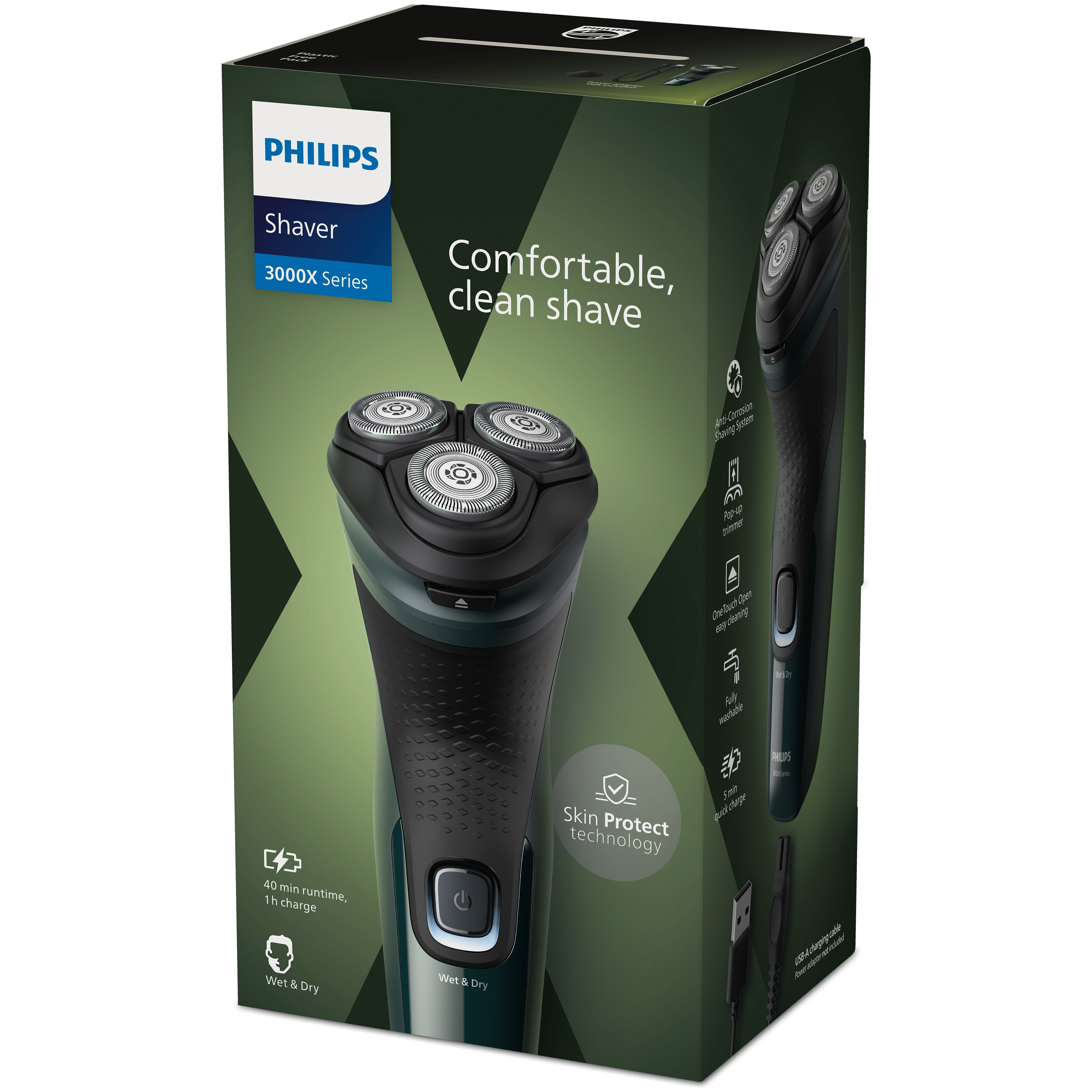 Afeitadora eléctrica Philips en una caja. La caja es verde y negra. Dice "Afeitado cómodo y limpio". Se ve la afeitadora.