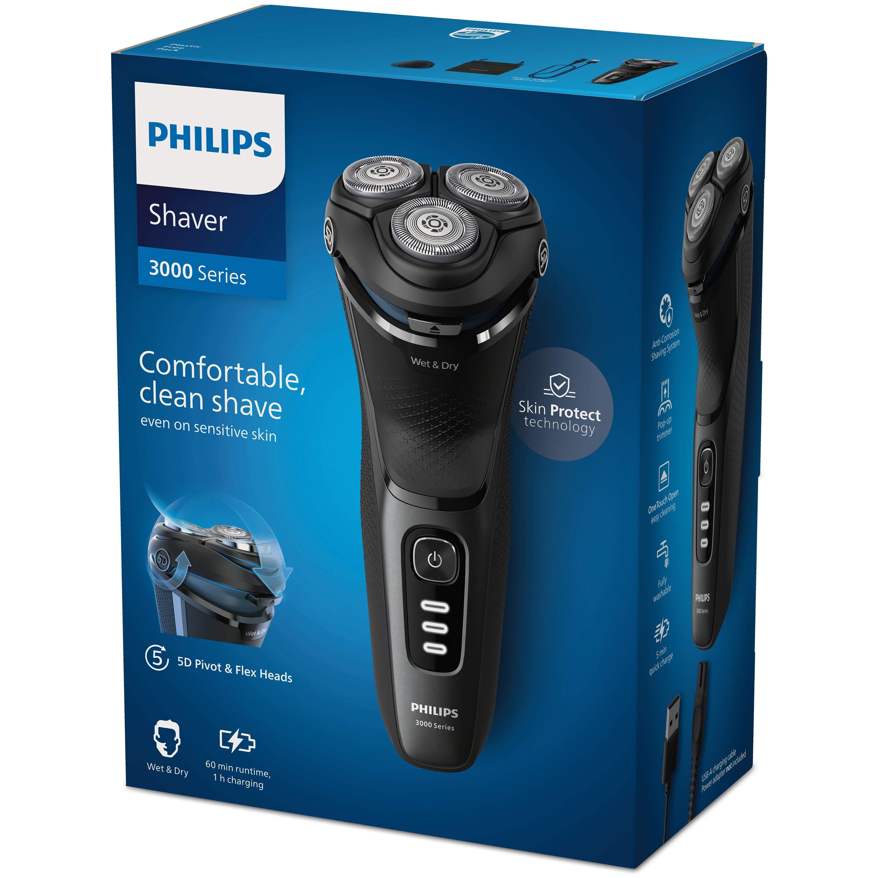 Golarka Philips serii 3000 w pudełku z tekstem i zdjęciem produktu.
