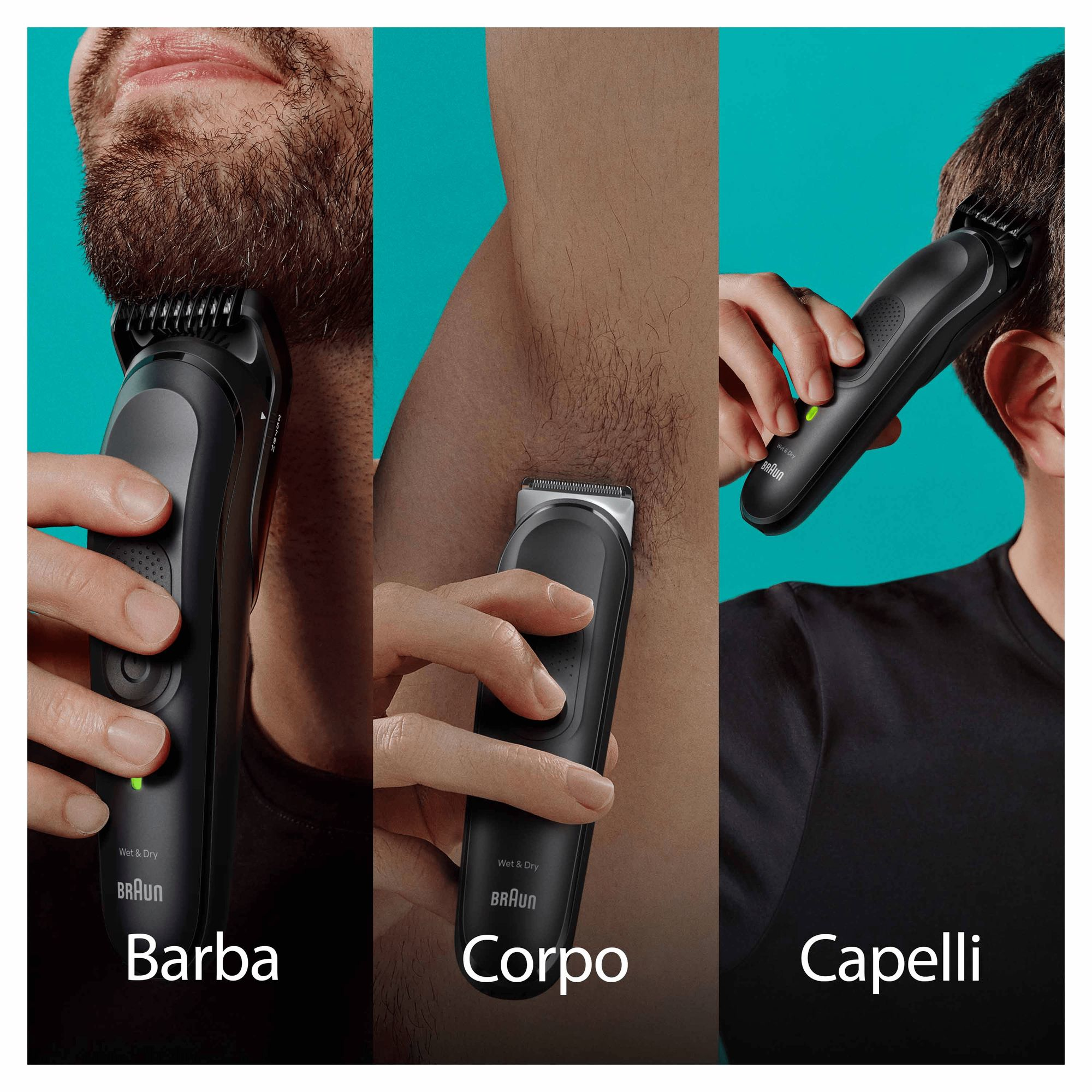 Tres imágenes que muestran a hombres usando un recortador para barba, cuerpo y cabello, etiquetadas como Barba, Corpo, Capelli.