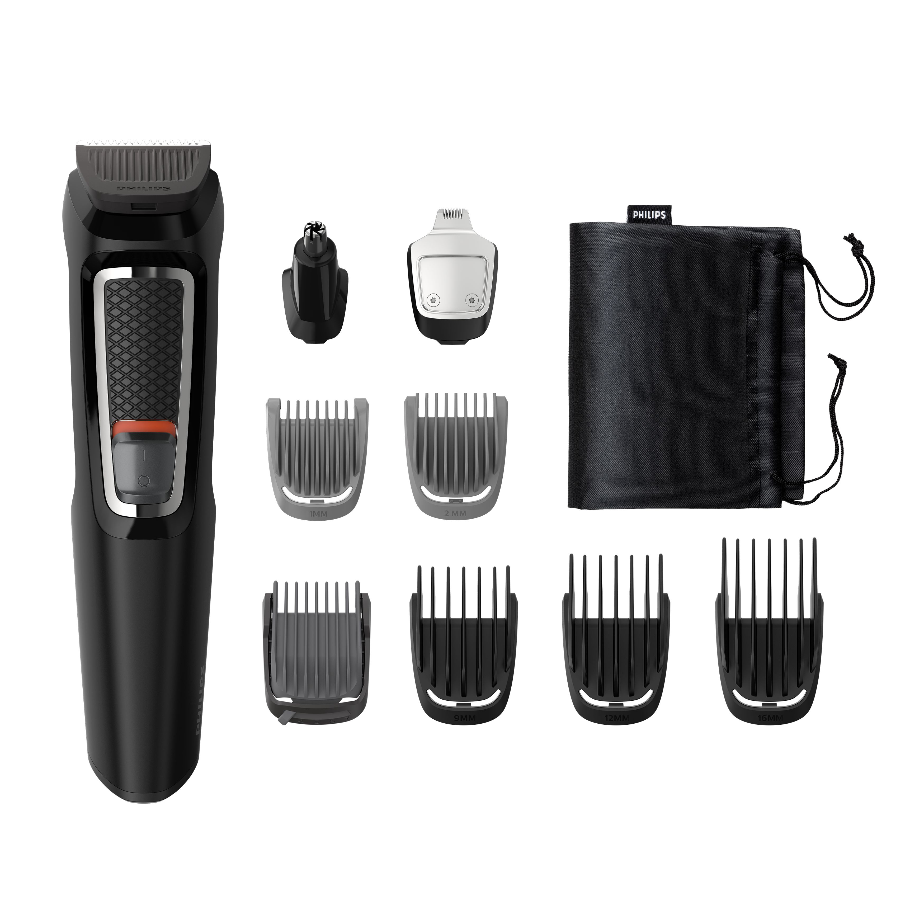 Recortadora Philips negra con accesorios: recortador nasal, varios peines y una bolsa negra, todo sobre blanco.