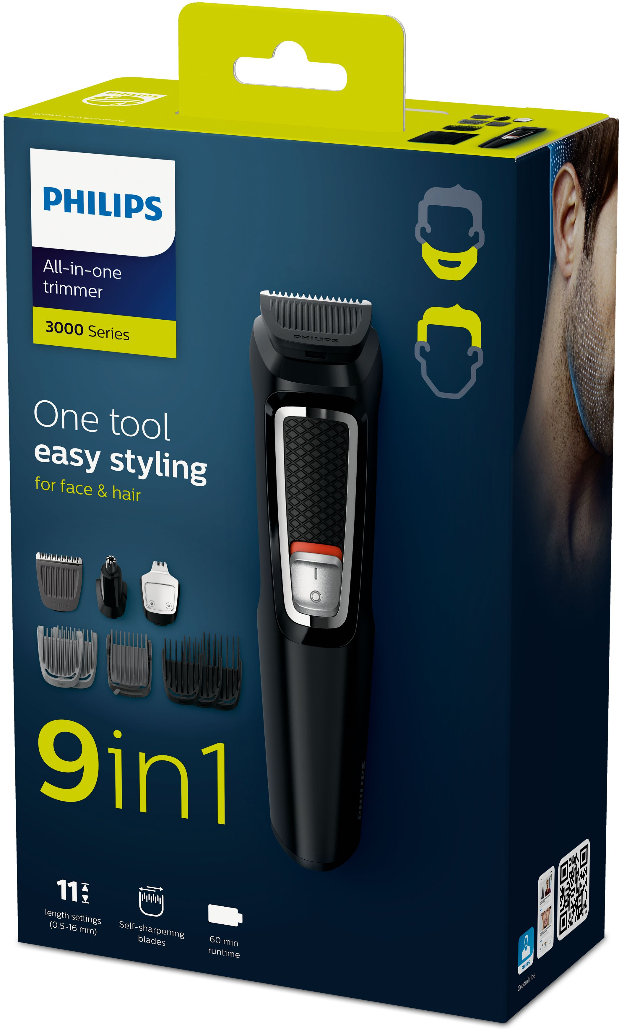 Una scatola del rifinitore all-in-one Philips Serie 3000, che mostra il rifinitore e i suoi accessori.