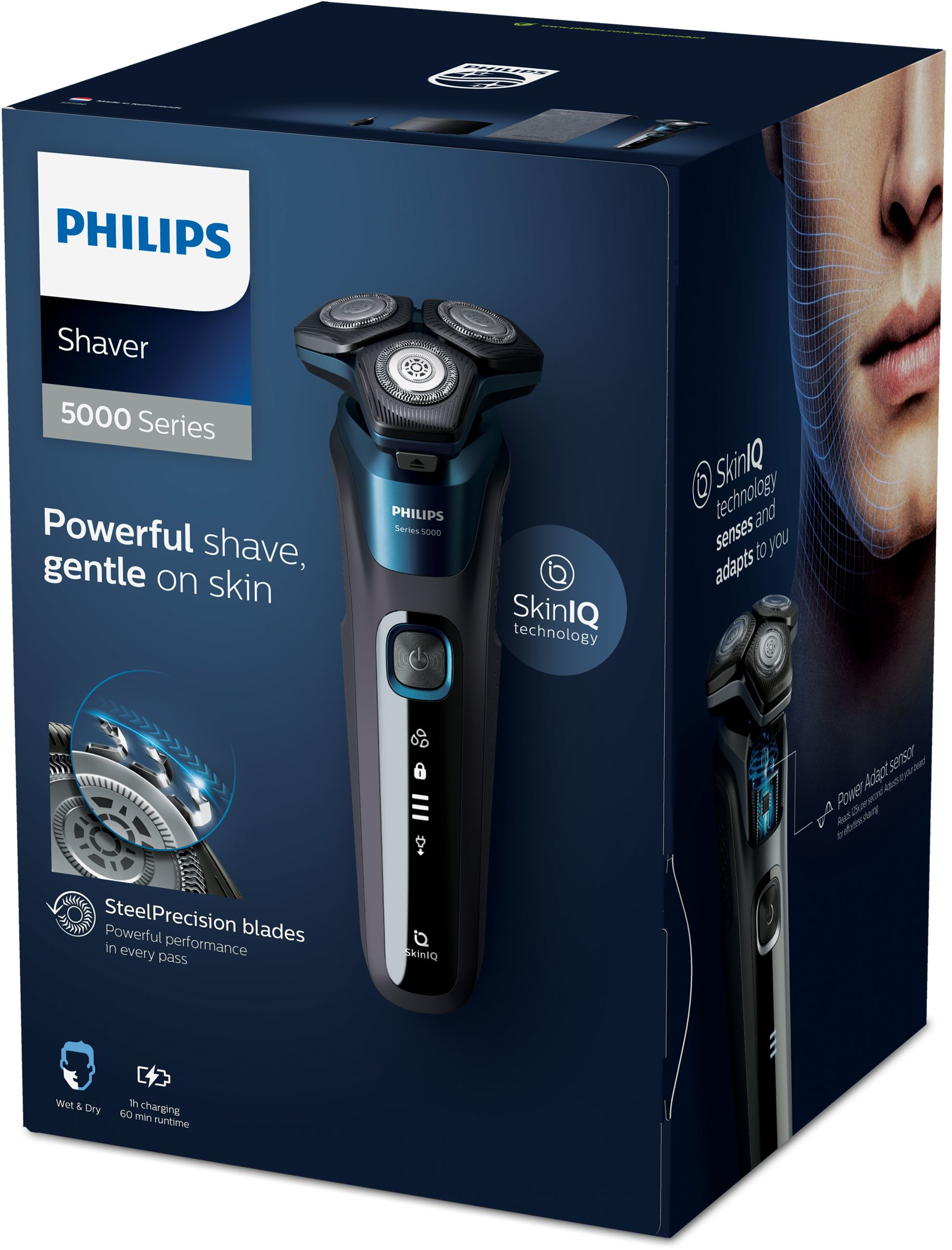 Scatola del rasoio Philips blu e nera. La scatola mostra il rasoio e le sue caratteristiche.