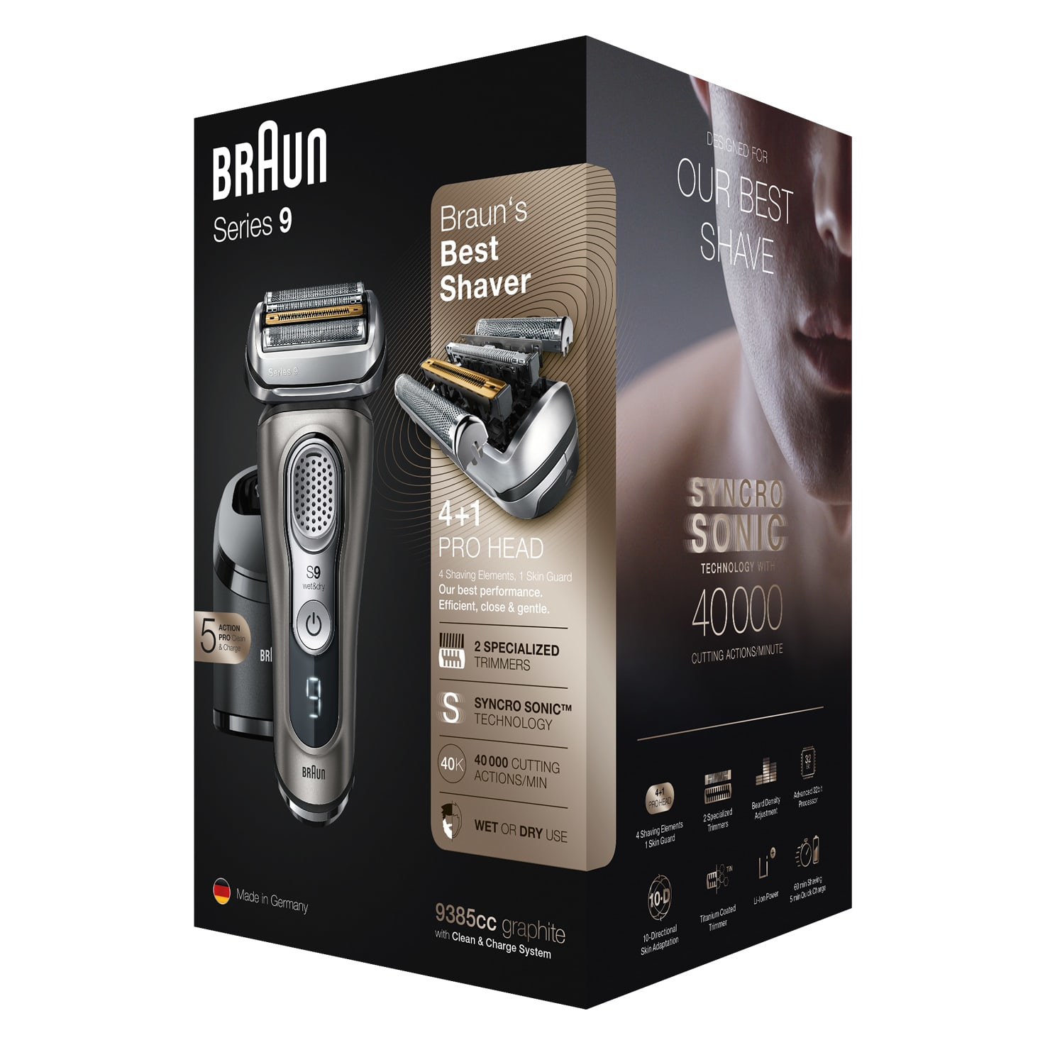 Scatola del rasoio Braun Series 9, che mostra un rasoio argento e nero.