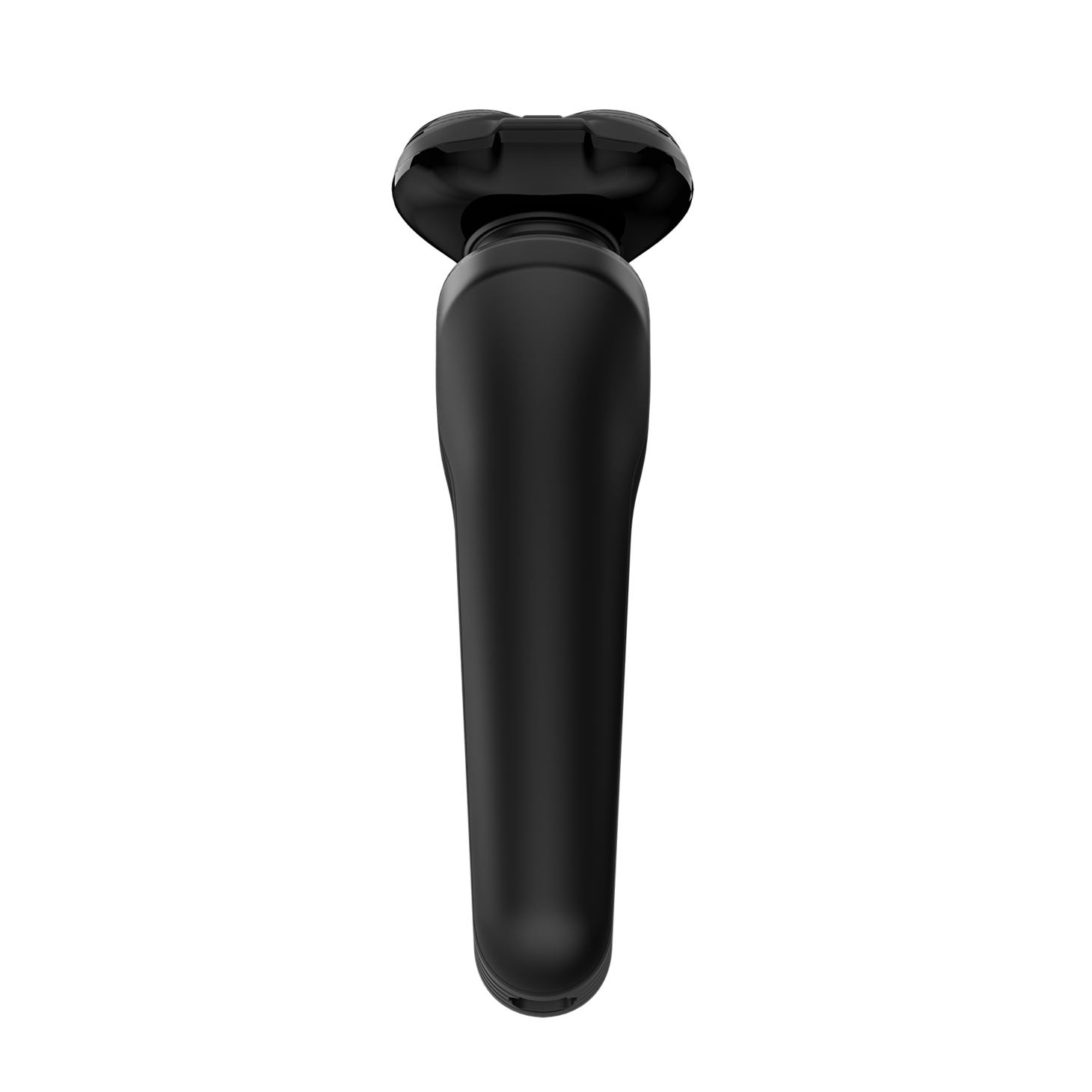 Schwarzer Elektrorasierer, von oben abgewinkelt, auf weißem Hintergrund.