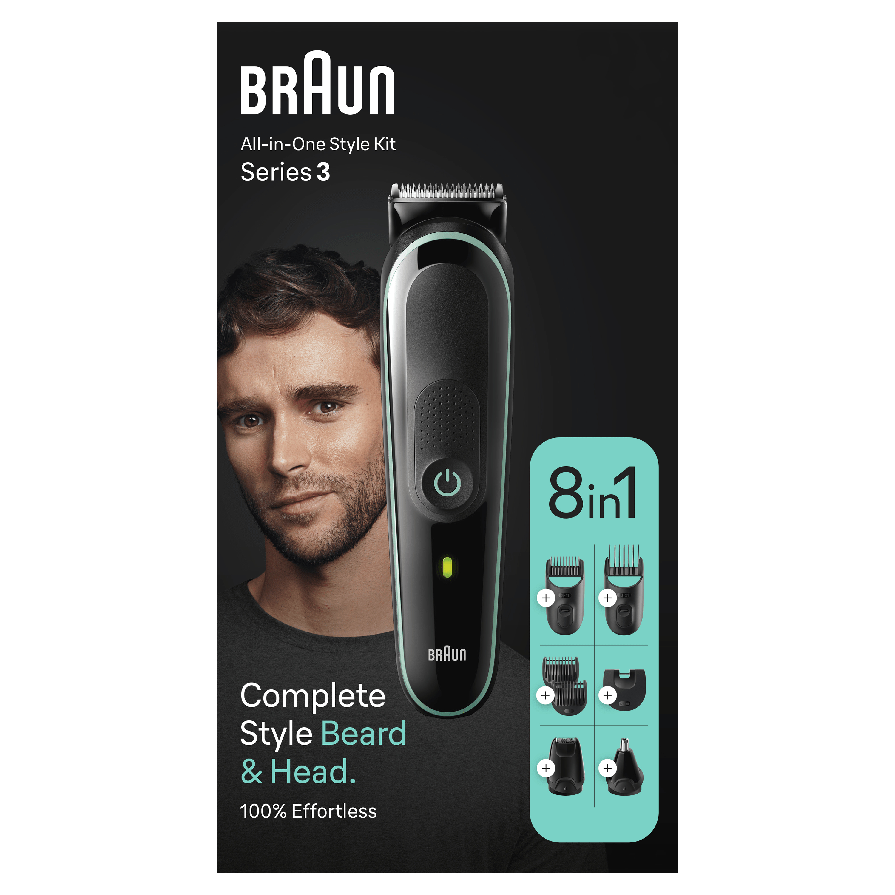 Braun Series 3 Bartschneider und Zubehör. Gesicht des Mannes links, Produkt rechts.
