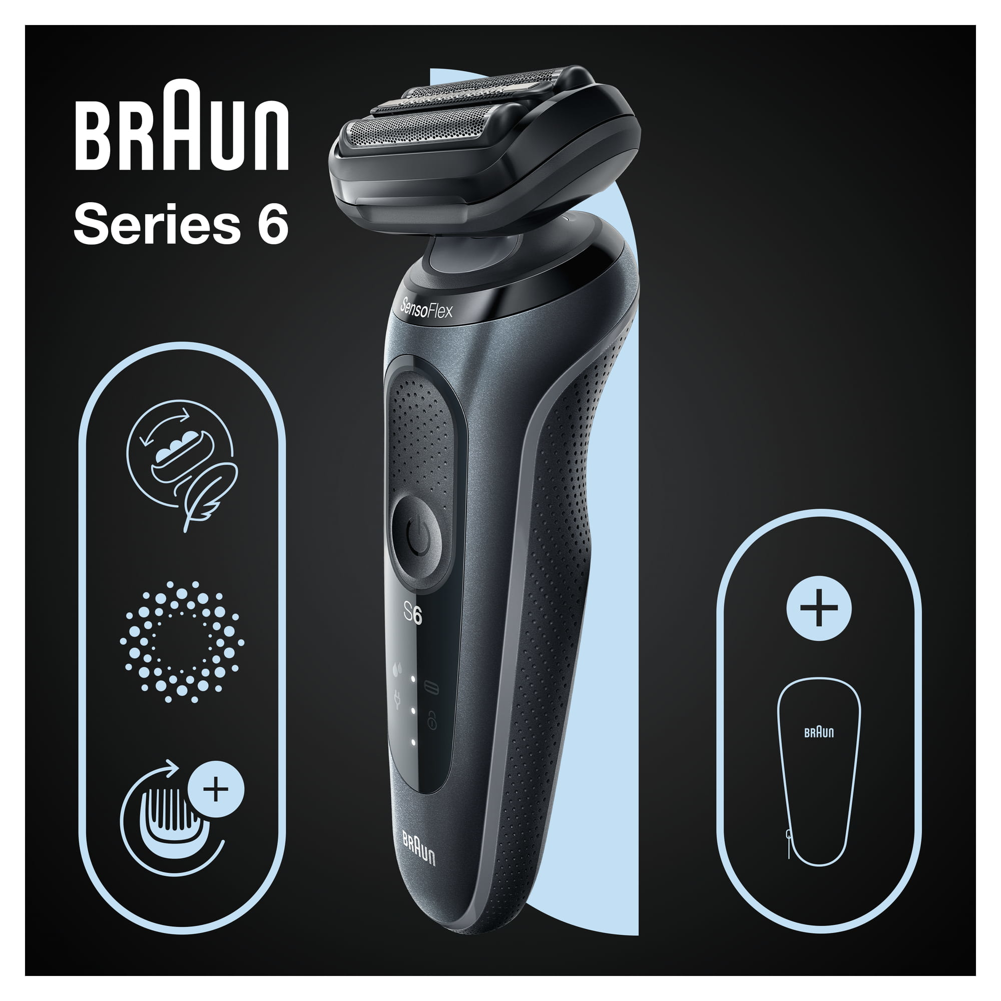 Ein schwarzer Braun Series 6 Rasierer mit blauem Akzent und Diagrammen auf schwarzem Hintergrund.