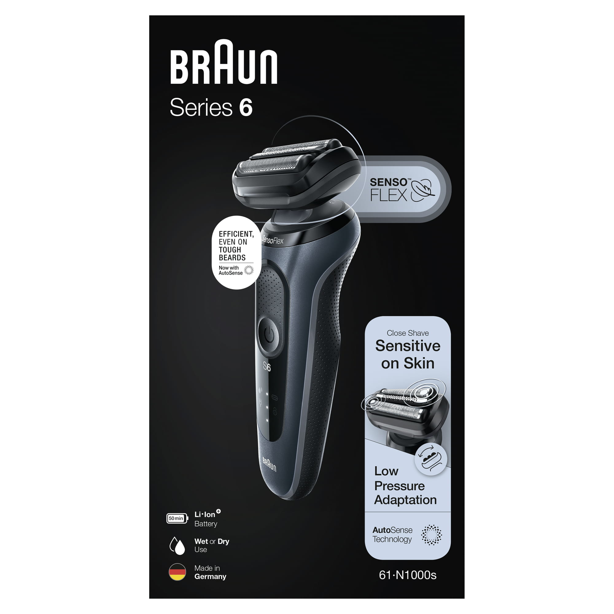 Braun Rasierer. Ein schwarzer und grauer Braun Series 6 Rasierer auf einer Displaykarte.