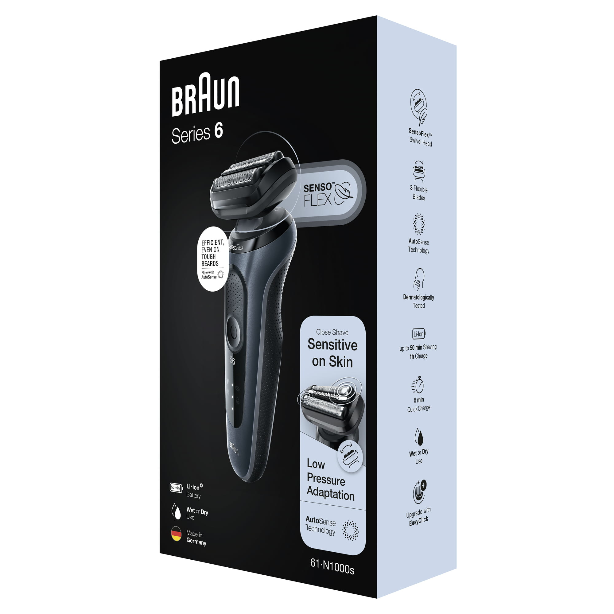 Braun Series 6 Rasierer-Box. Bild zeigt Rasierer und Funktionen. Text: Gründliche Rasur, sanft zur Haut, Made in Germany.
