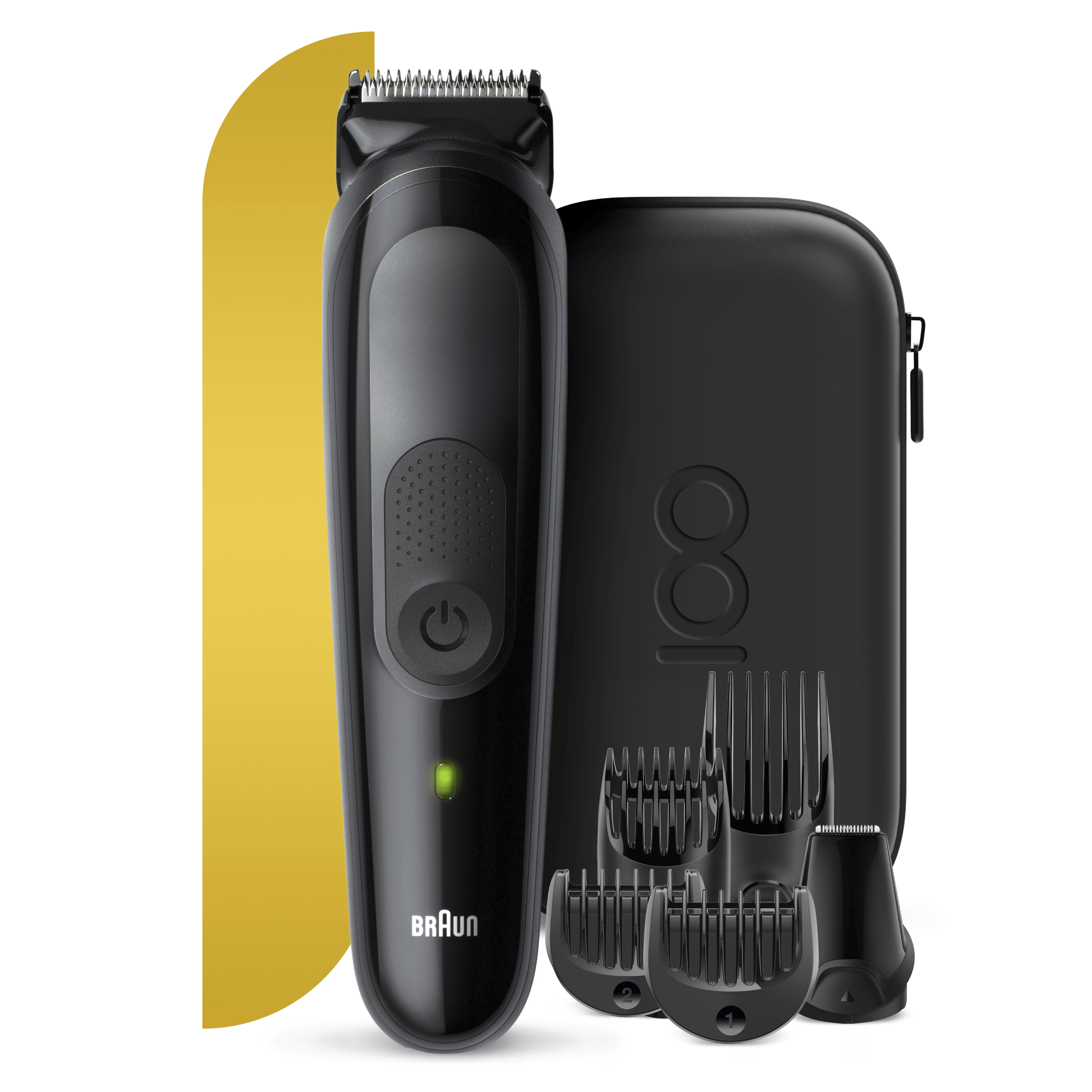 Un recortador Braun negro y accesorios, sobre un fondo amarillo y blanco.