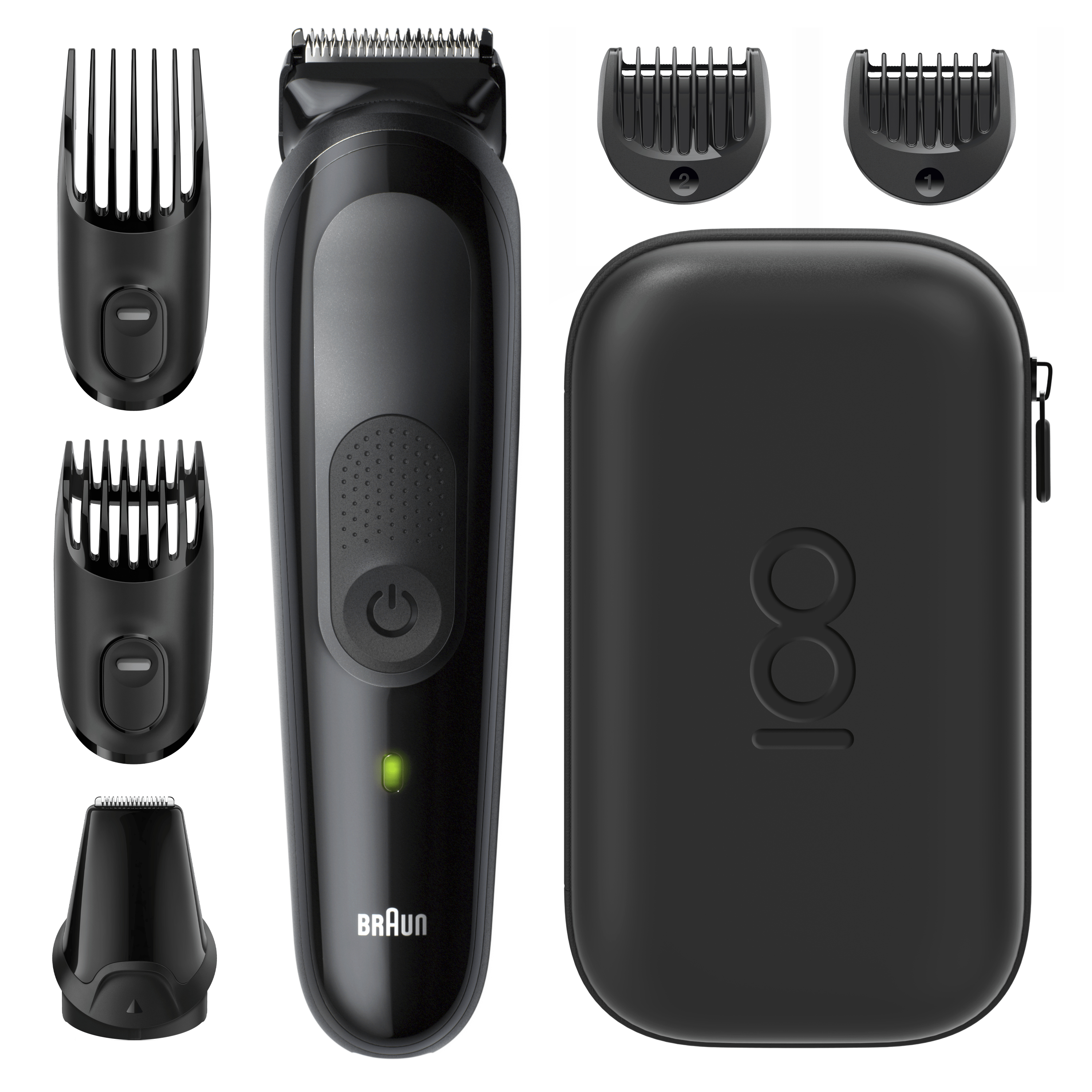 Recortadora de barba negra, accesorios y estuche negro.
