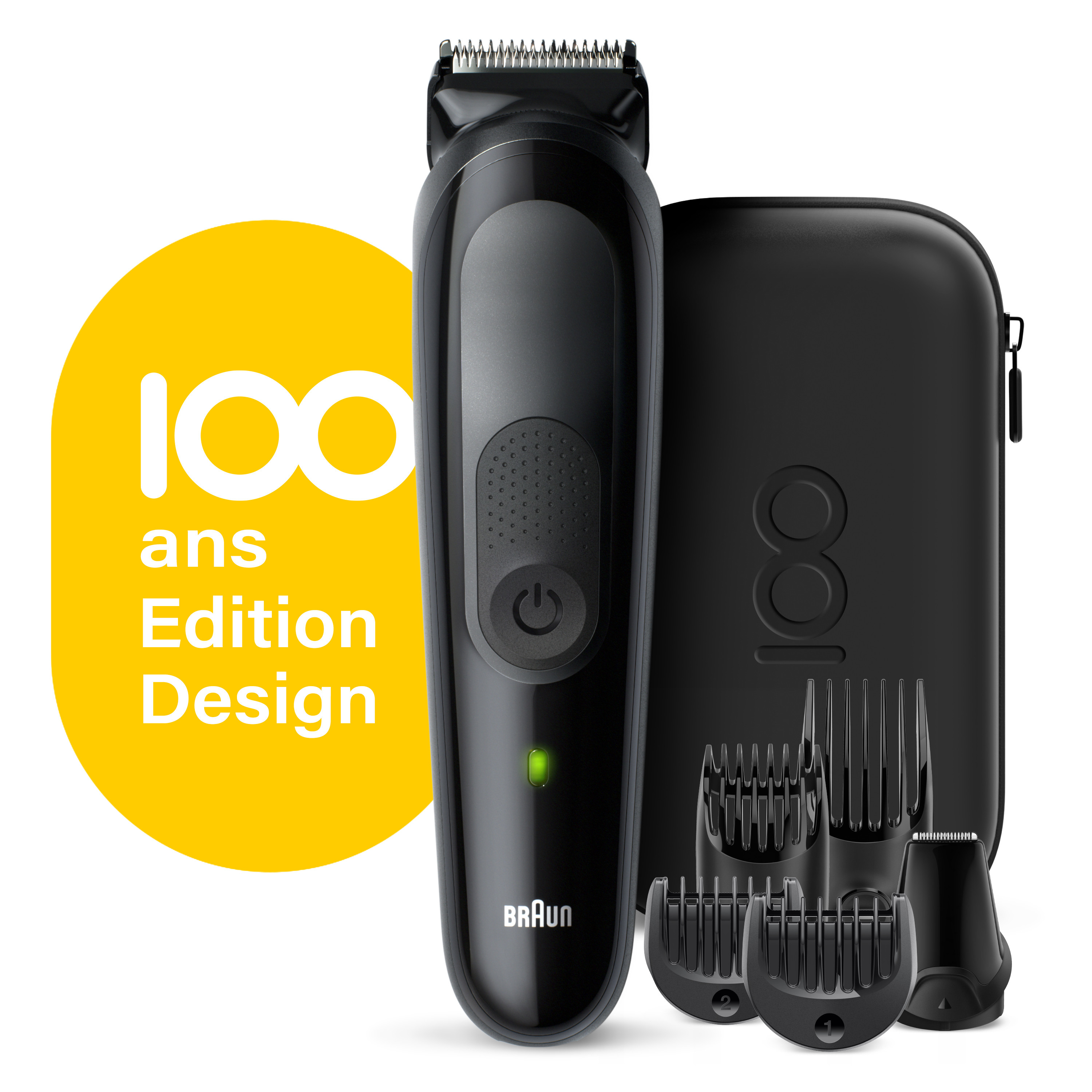 Recortadora de barba Braun negra con accesorios y un gráfico amarillo con texto, sobre fondo blanco.