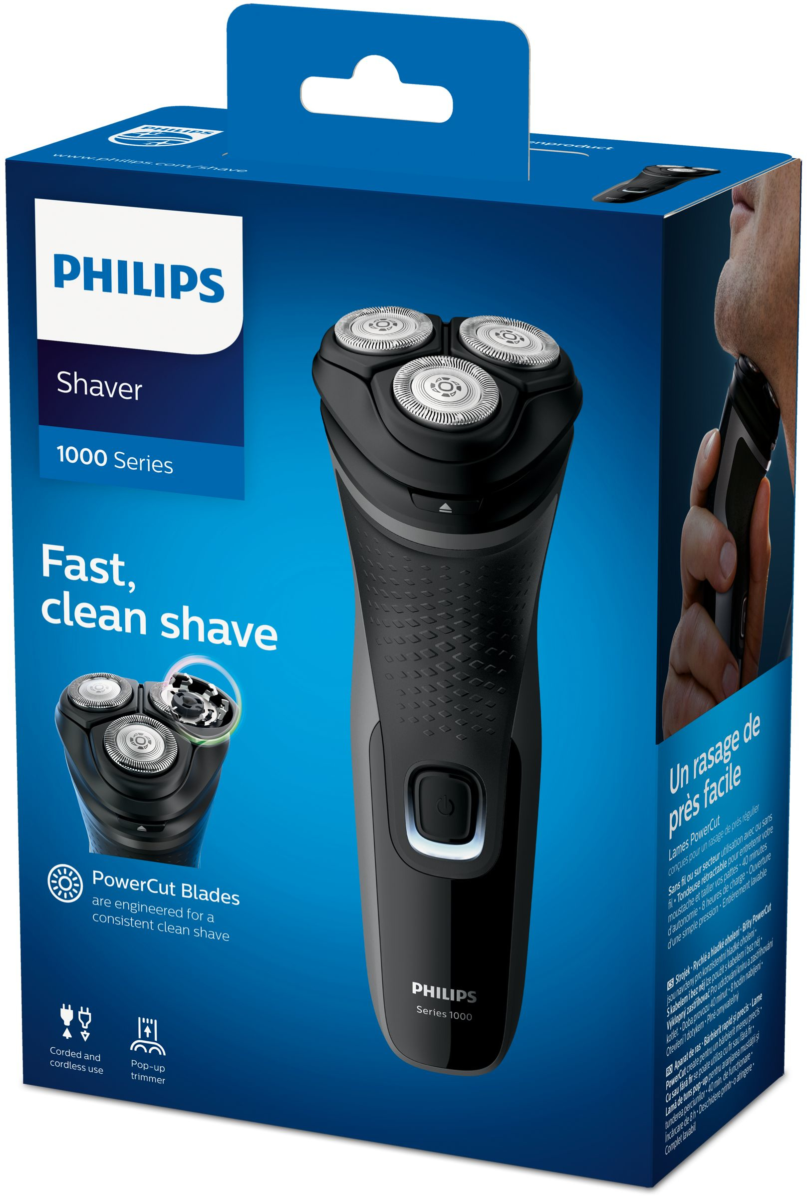 Scatola Philips Shaver Serie 1000, con rasoio, lame PowerCut e funzioni di rifinitore pop-up.