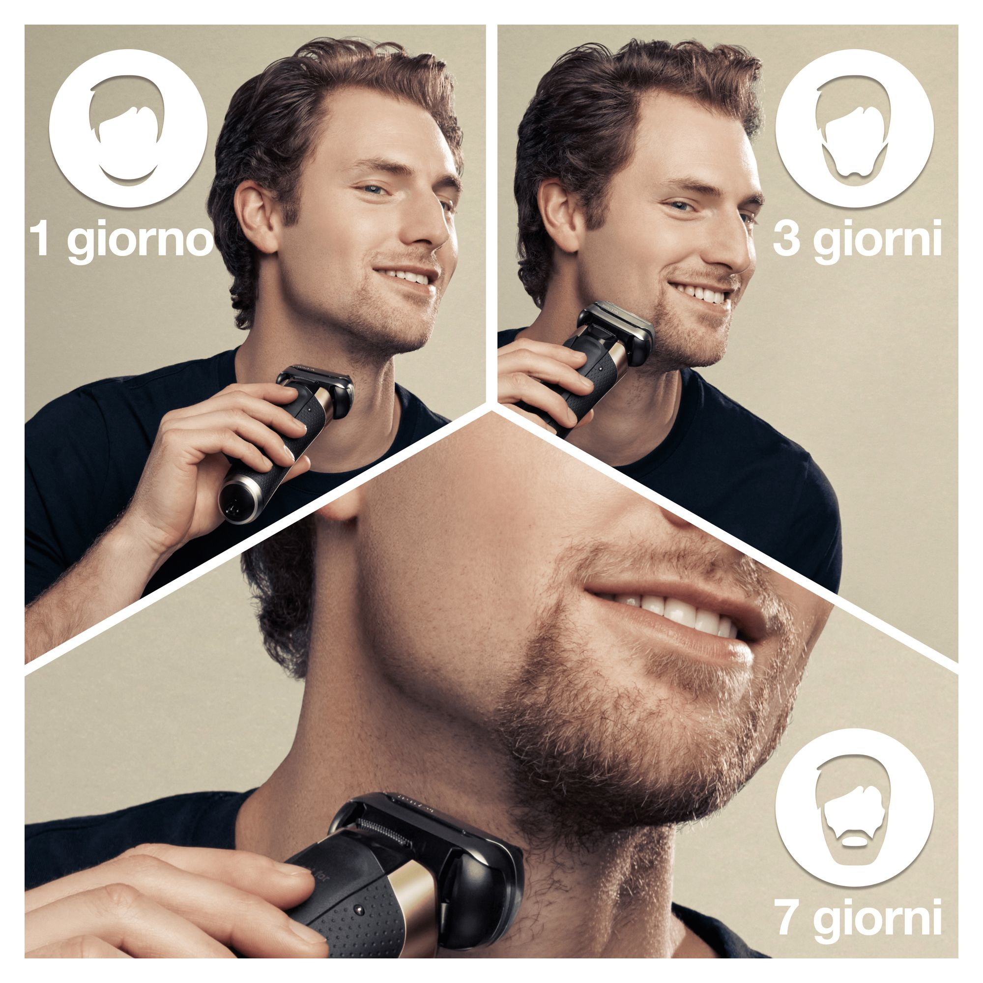 Hombre afeitándose con una afeitadora eléctrica negra y dorada, mostrando diferentes longitudes de barba.