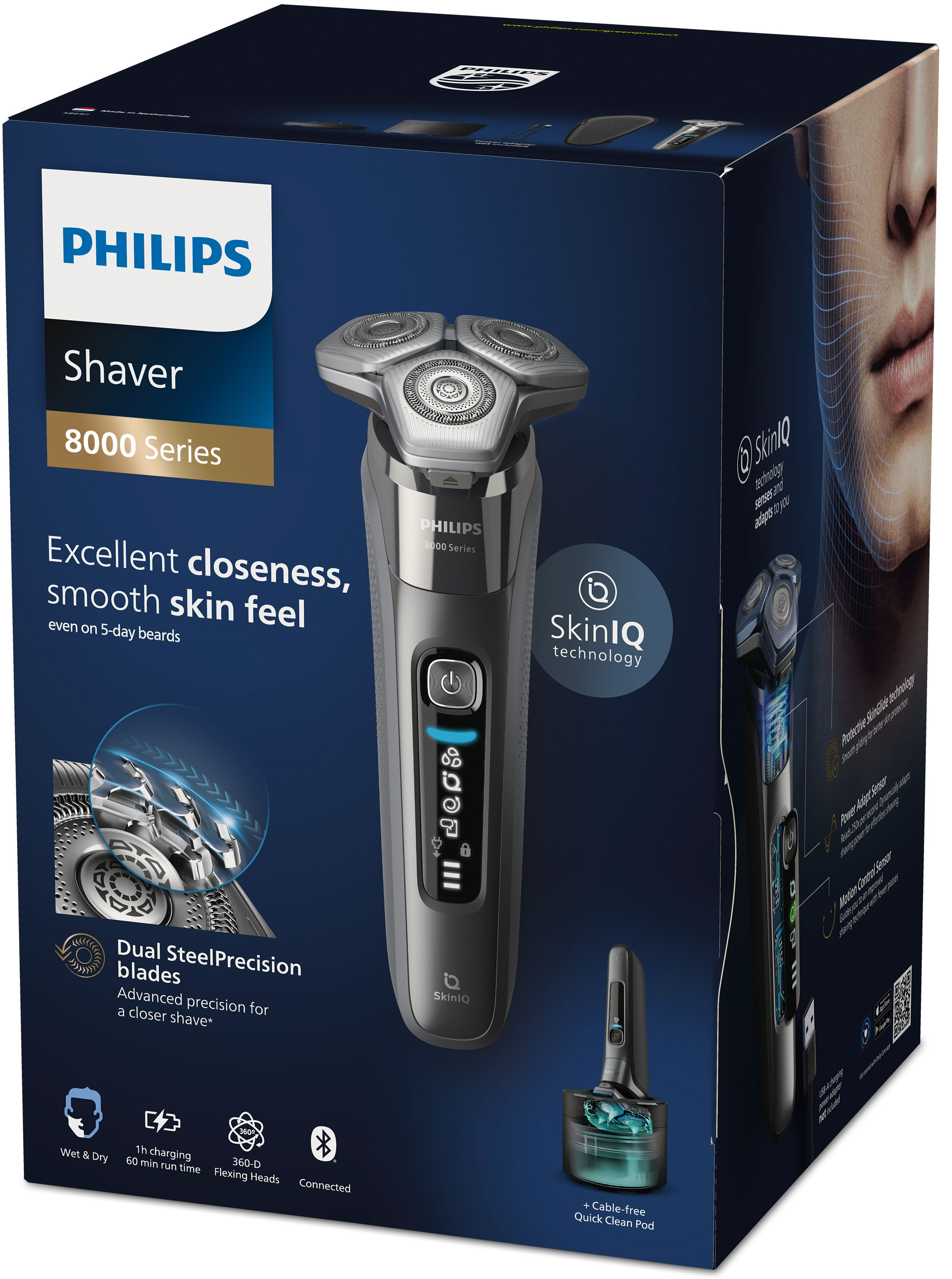 Afeitadora eléctrica Philips Shaver 8000 Series en caja. Gris, negro, con base de carga y tecnología SkinIQ.