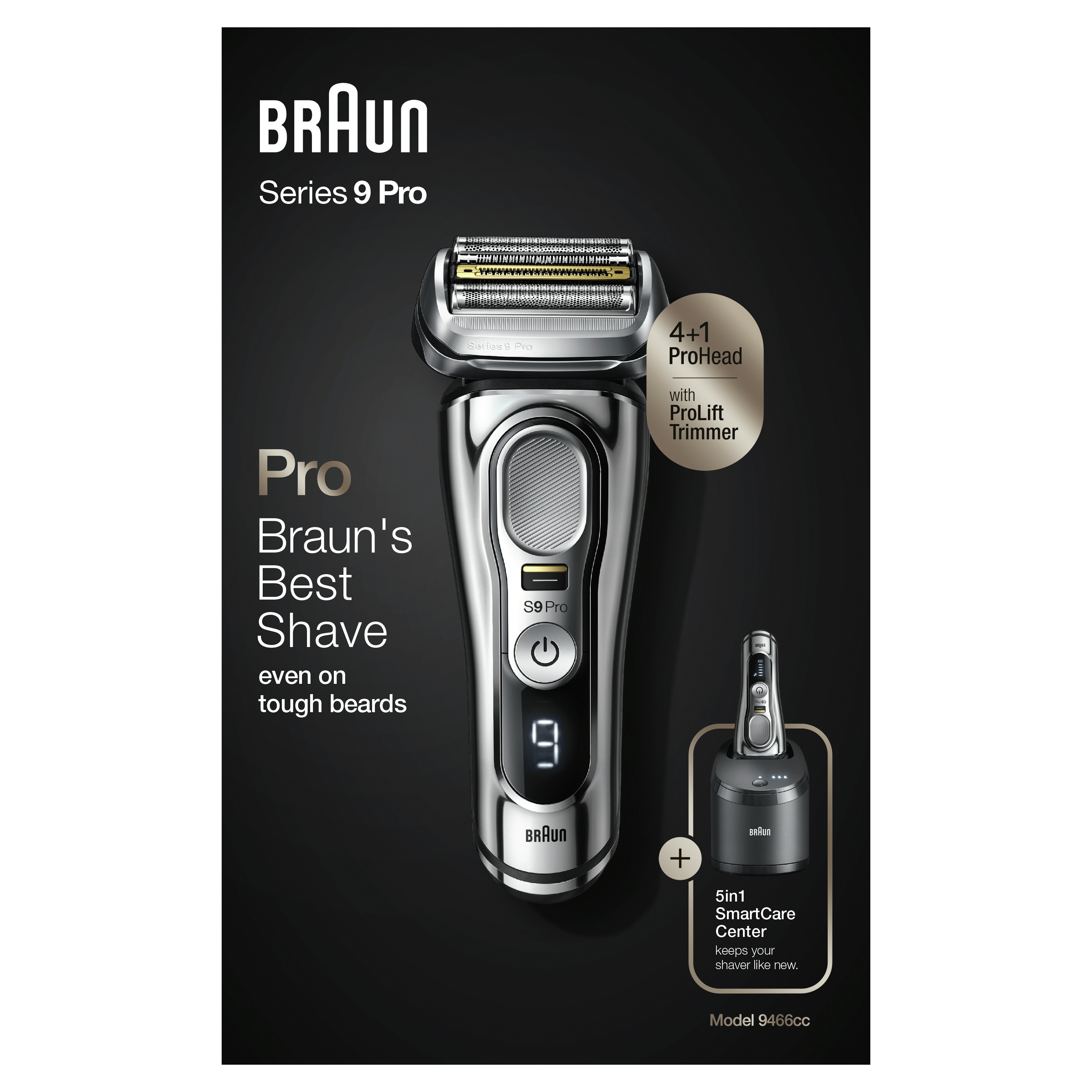 Un rasoir Braun Series 9 Pro avec une station de charge, avec du texte qui dit 'Braun's Best Shave' sur un fond noir.
