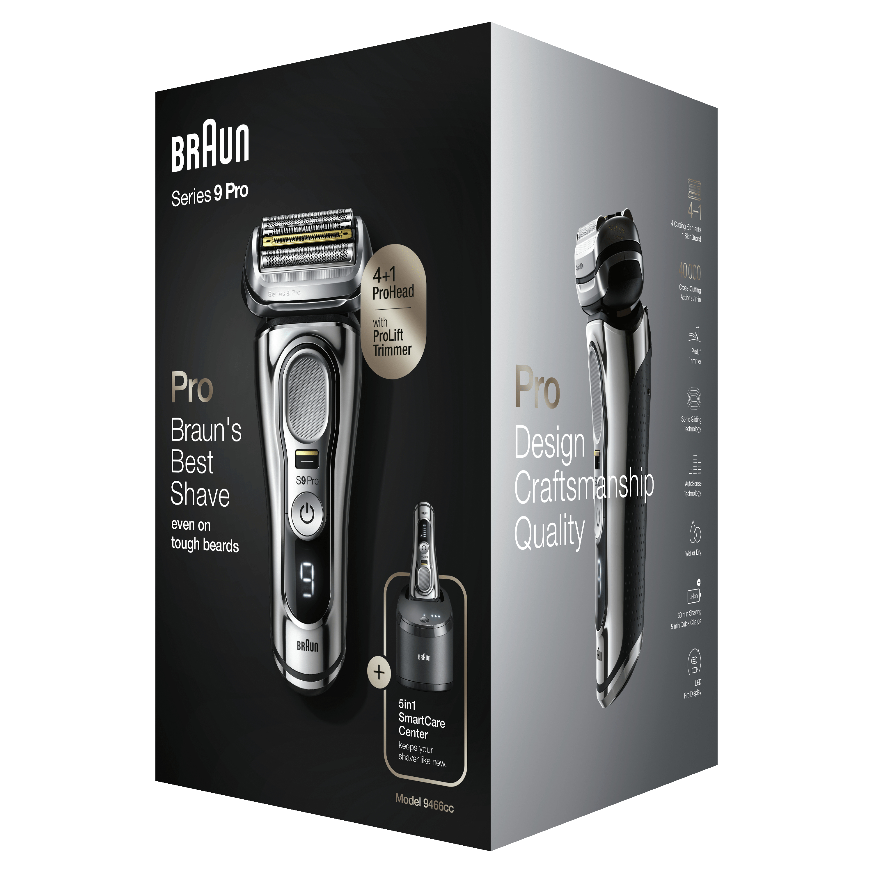 Rasoir Braun Series 9 Pro dans la boîte. Argent et noir, avec accessoires.