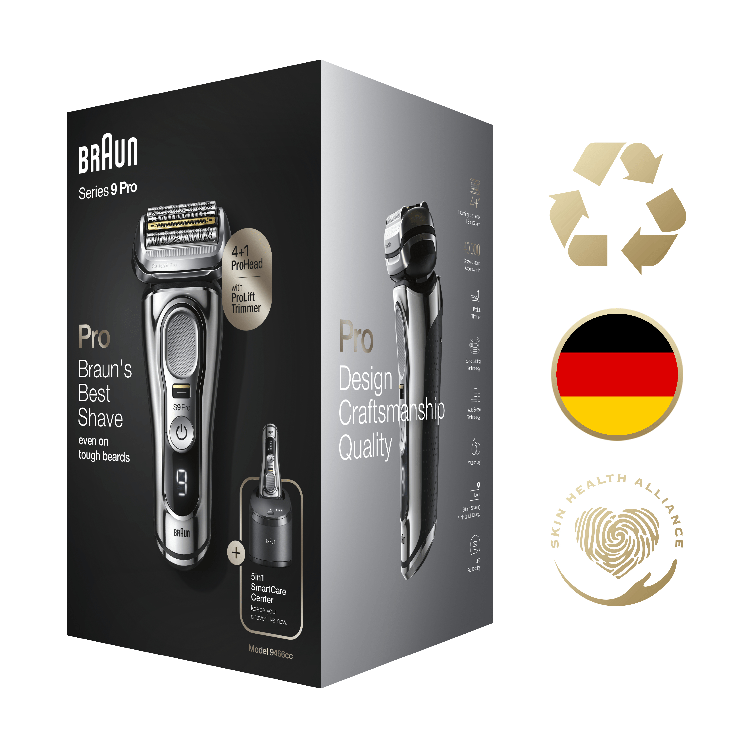 Une boîte de rasoir Braun avec le produit, le logo et le symbole de recyclage. Il y a une photo du rasoir.
