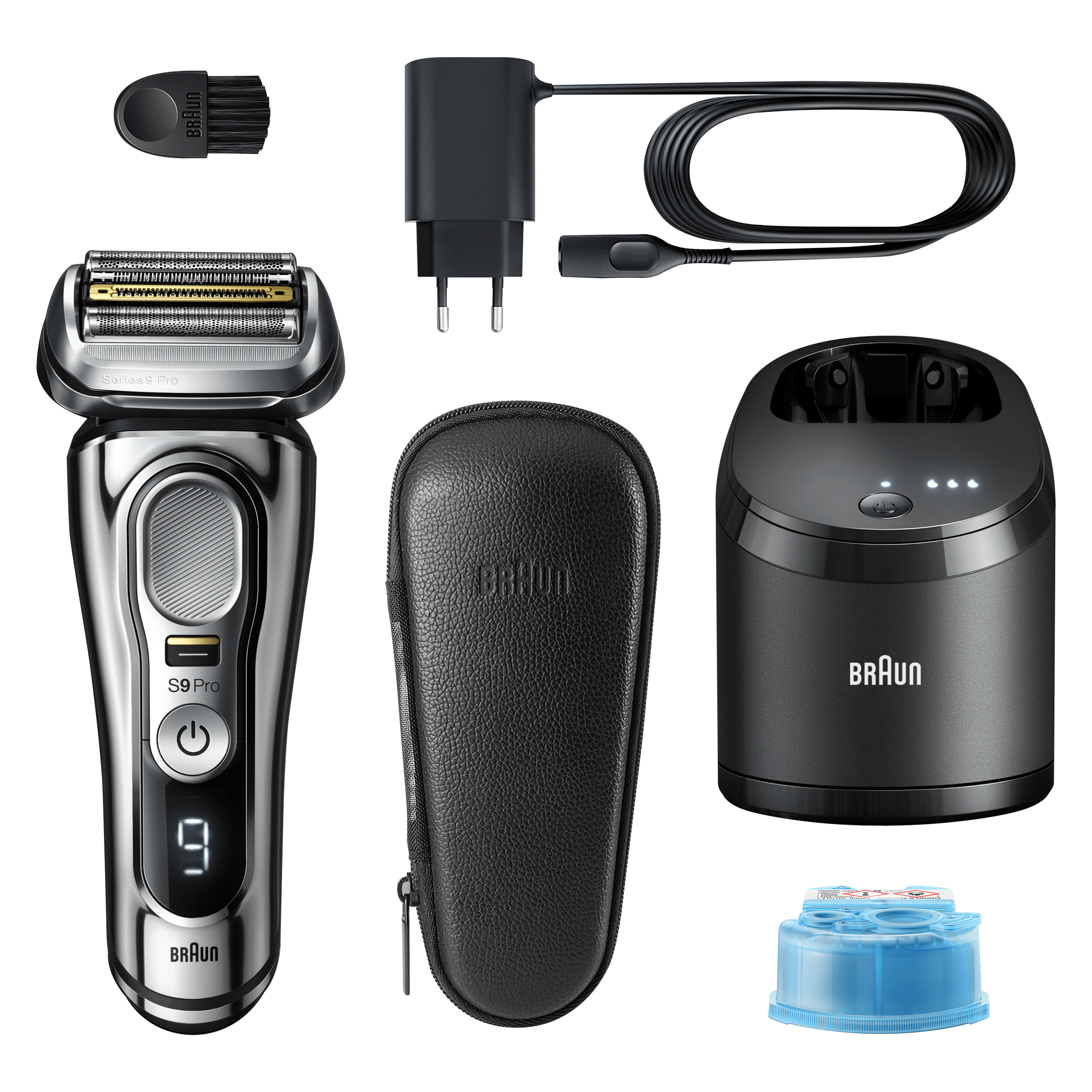 Un rasoir électrique et accessoires, dont un socle de chargement et une brosse de nettoyage.