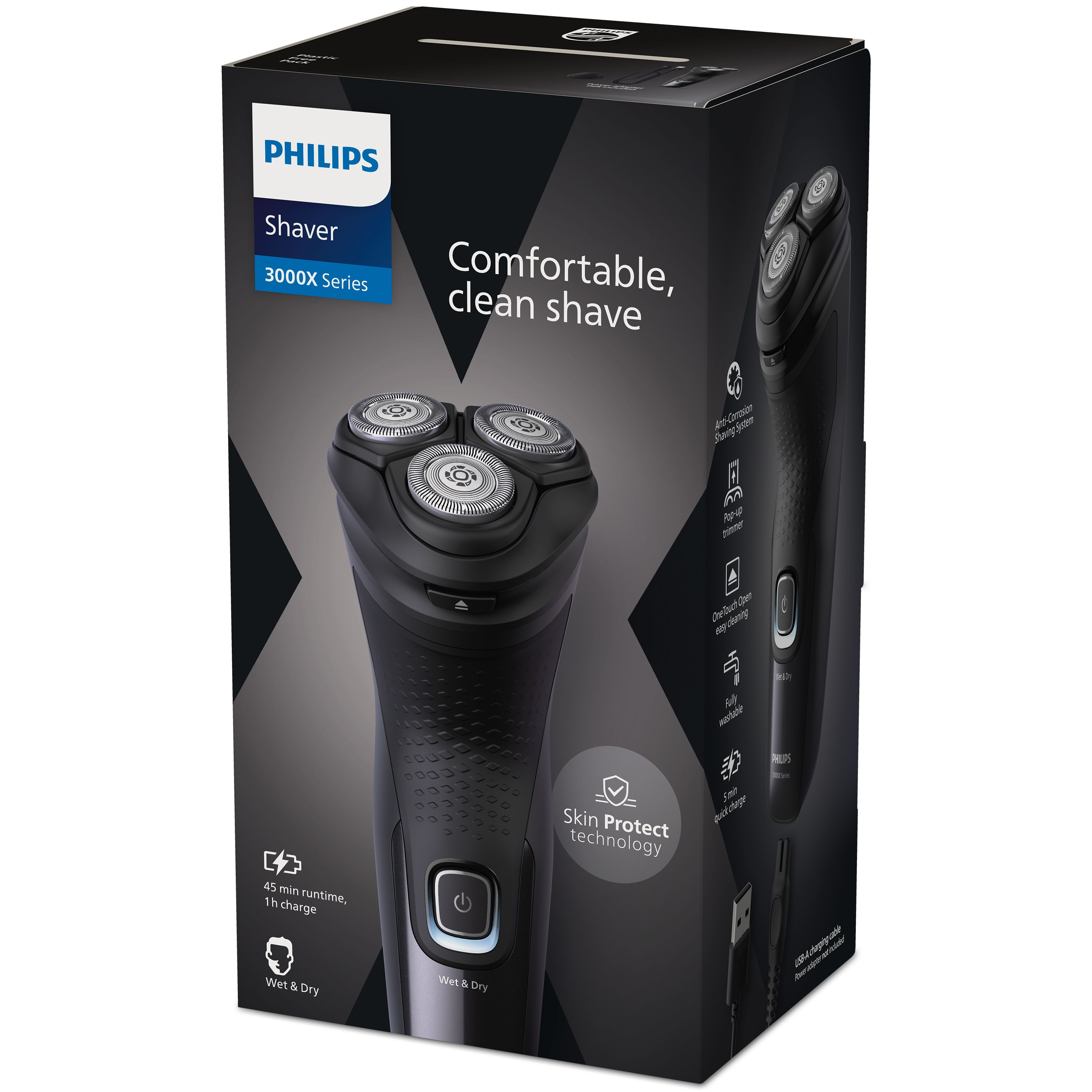 Un rasoio elettrico Philips nero con una scatola che mostra il prodotto e le sue caratteristiche.