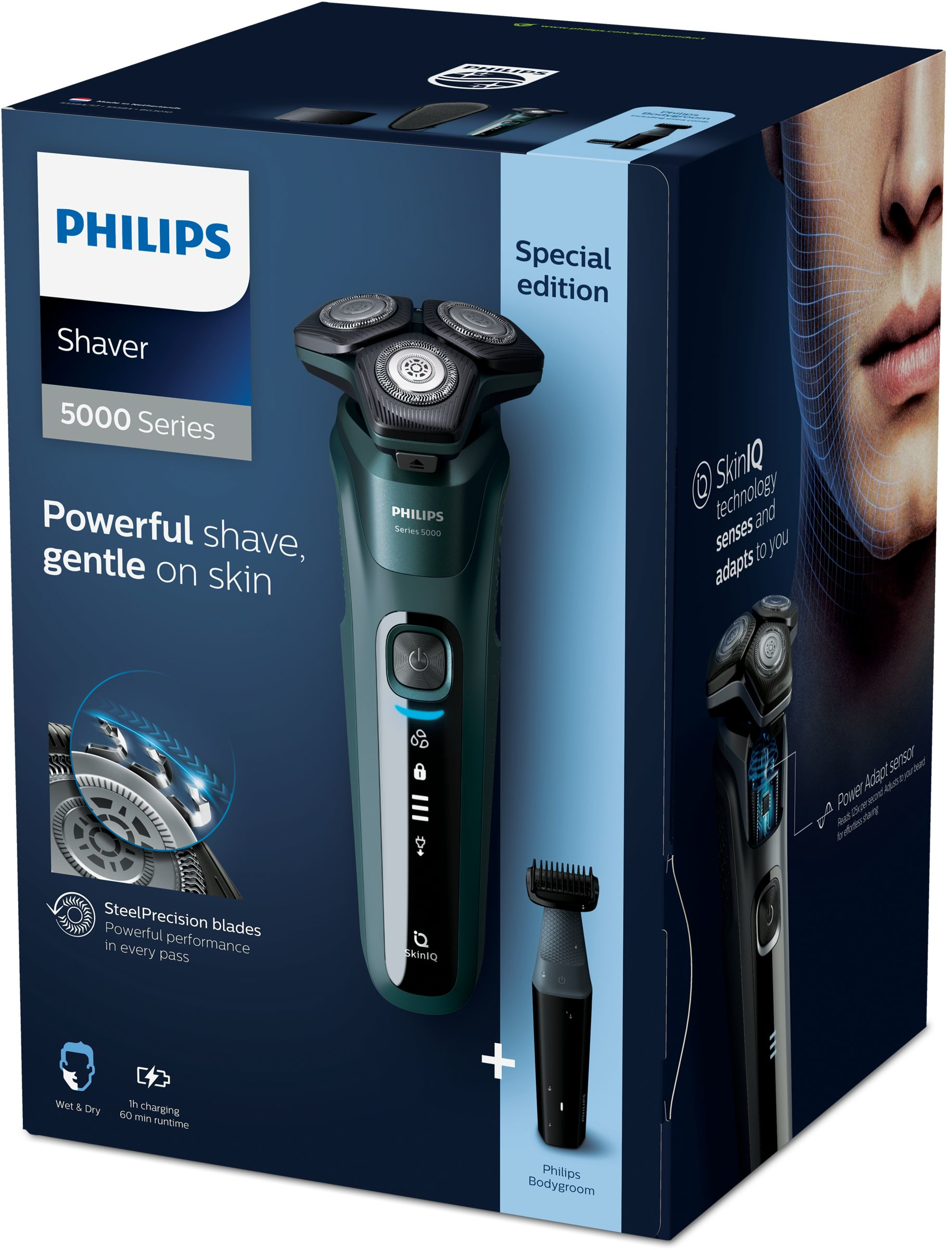Pudełko z golarką Philips. Golarka i trymer do ciała w środku. Tekst po angielsku.