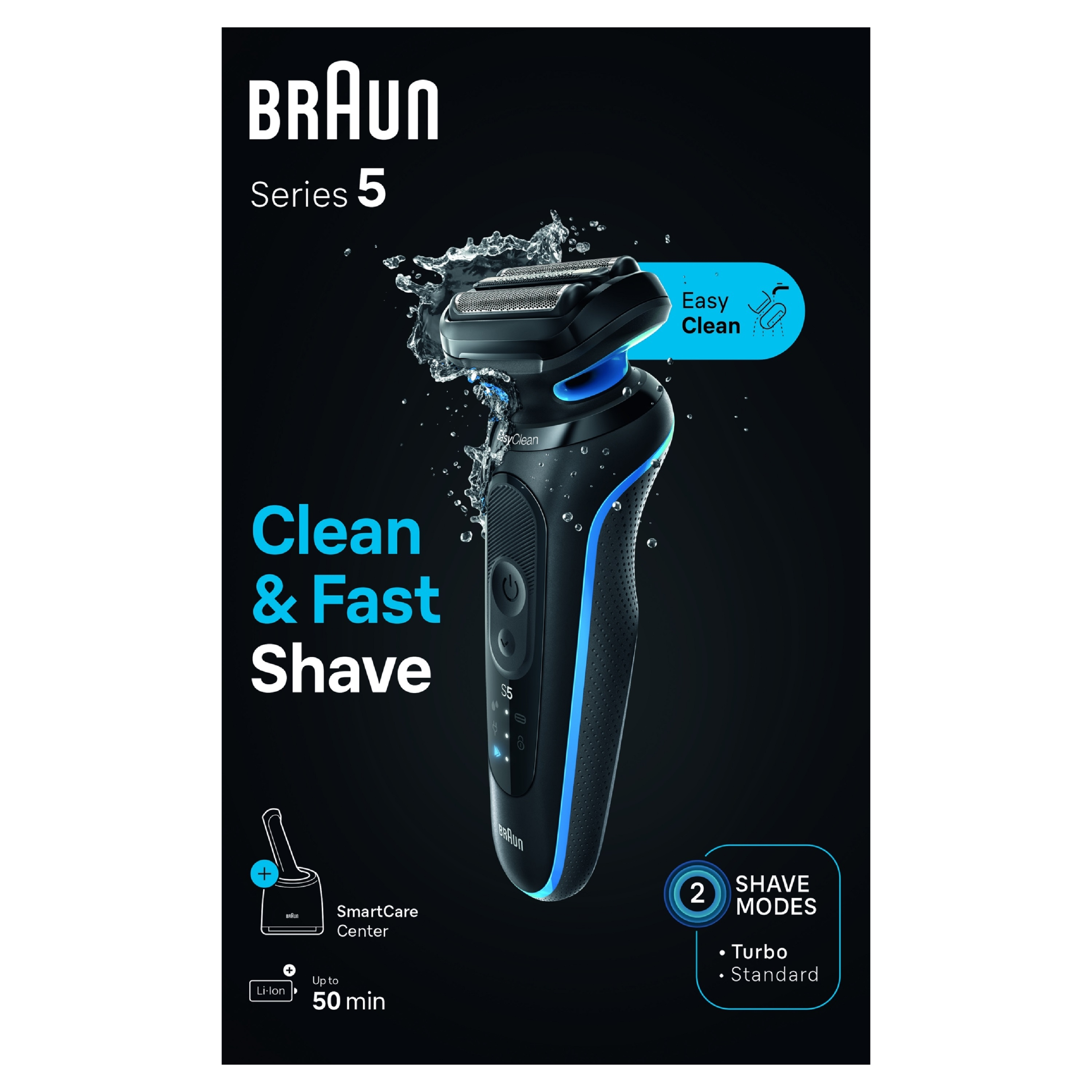 Golarka elektryczna Braun Series 5 z niebieskimi akcentami, z tekstem 'Clean & Fast Shave'.