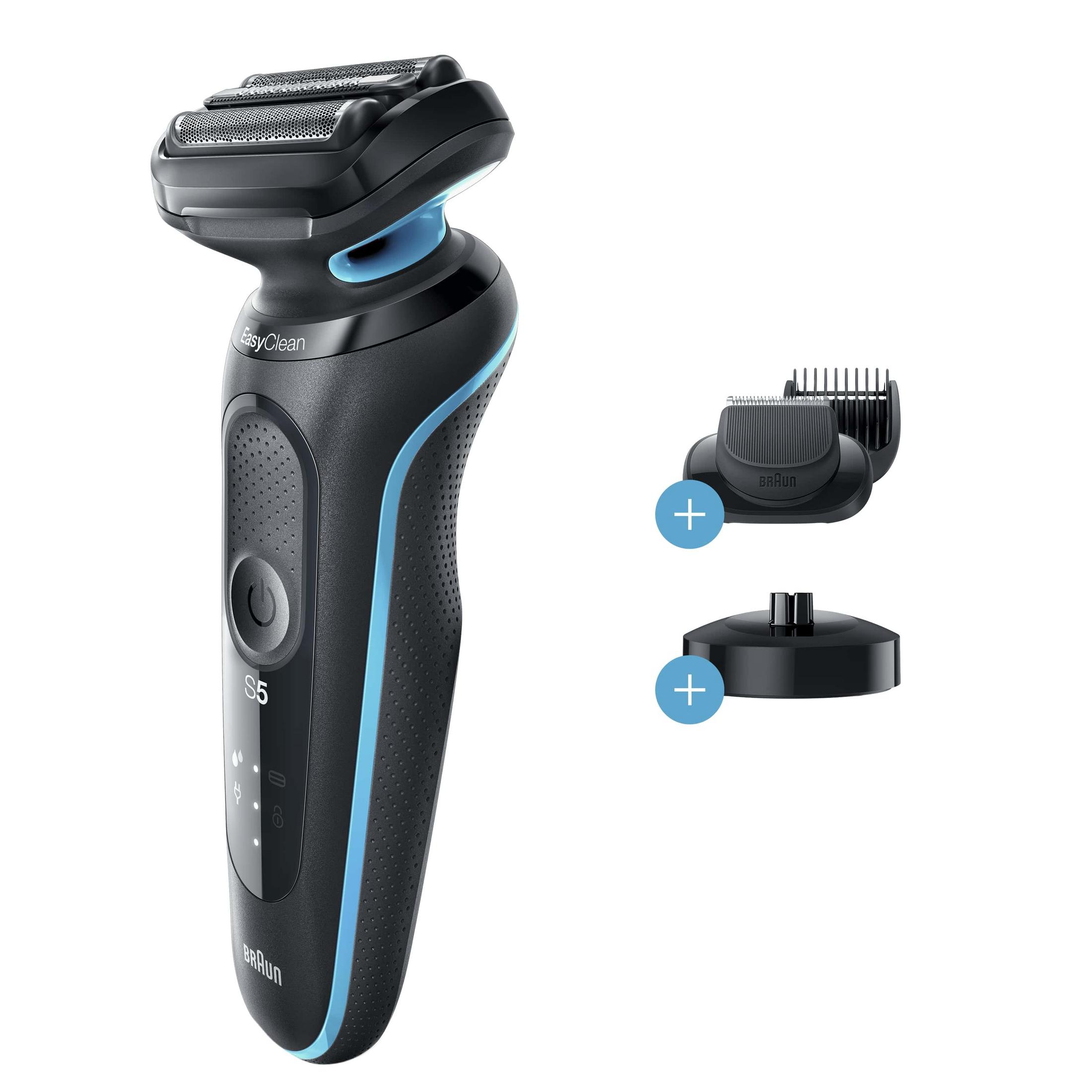 Czarno-niebieska golarka Braun Series 5 ze stacją czyszczącą i ładującą.