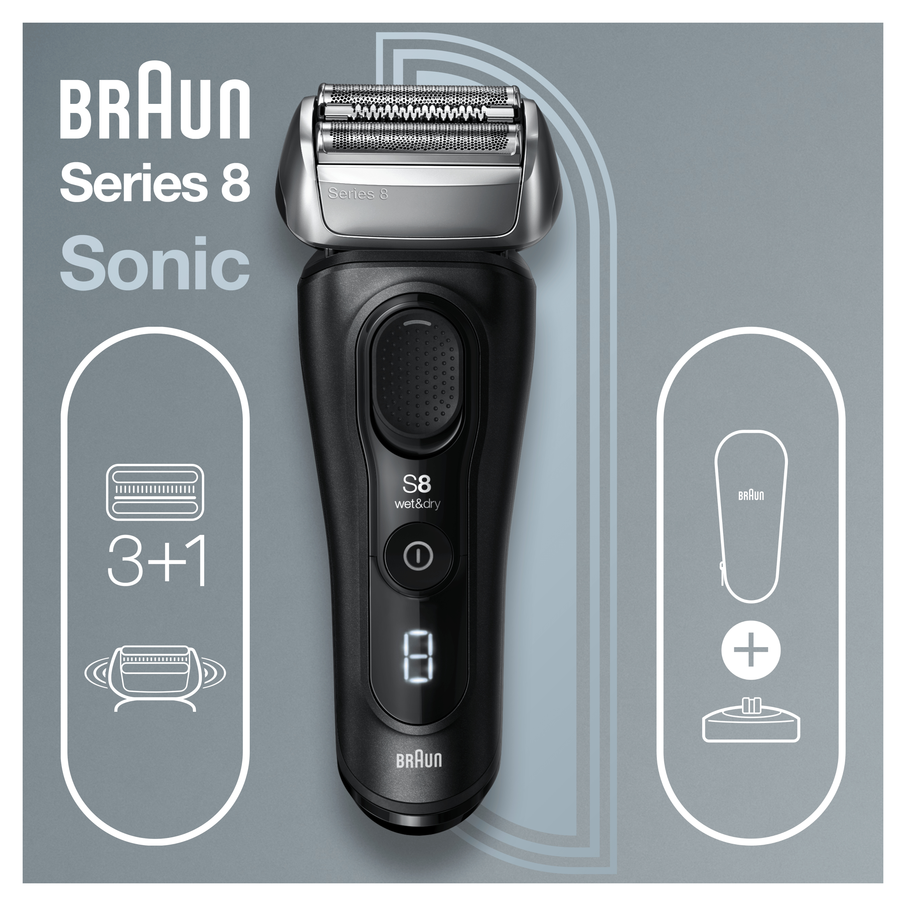 Un rasoio elettrico Braun Serie 8 nero con display digitale e base di ricarica.