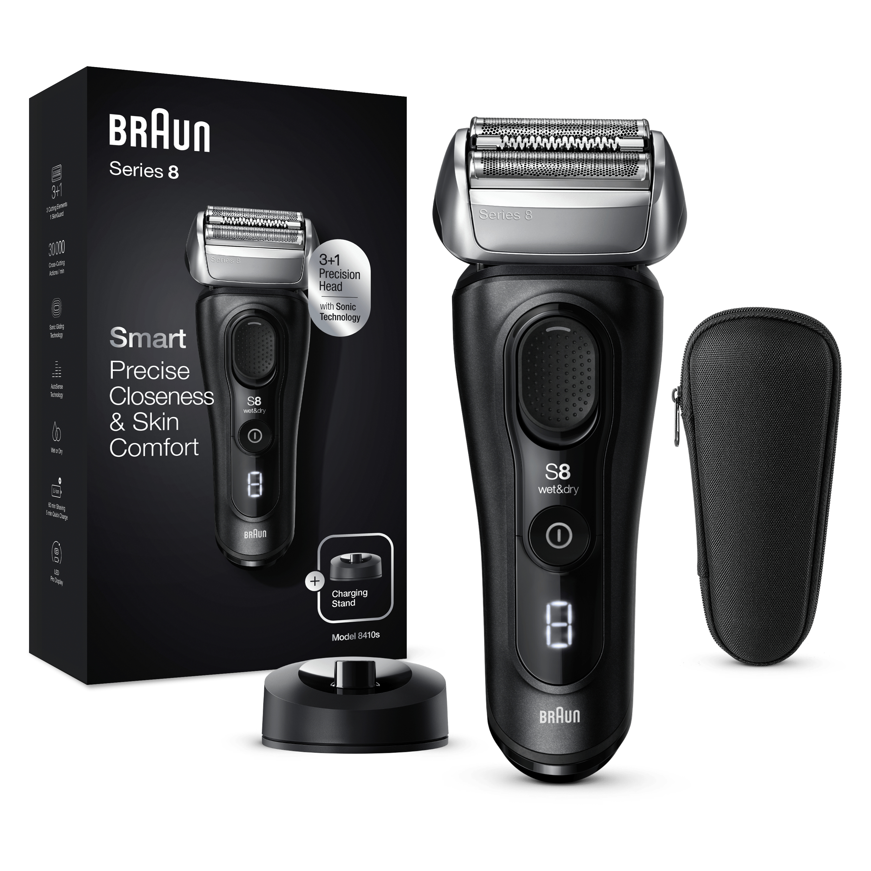Rasoio elettrico Braun Series 8 nero, base di ricarica e custodia da viaggio, con scatola.