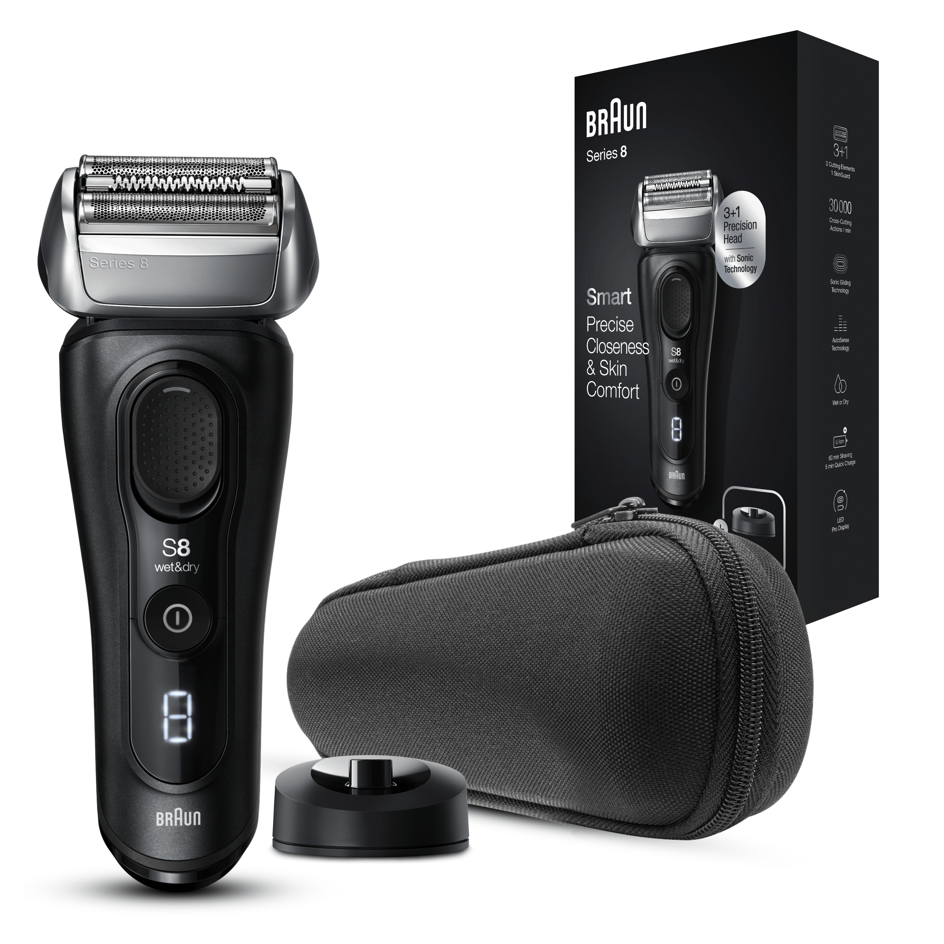 Un rasoio elettrico Braun Series 8 nero con base di ricarica e custodia.