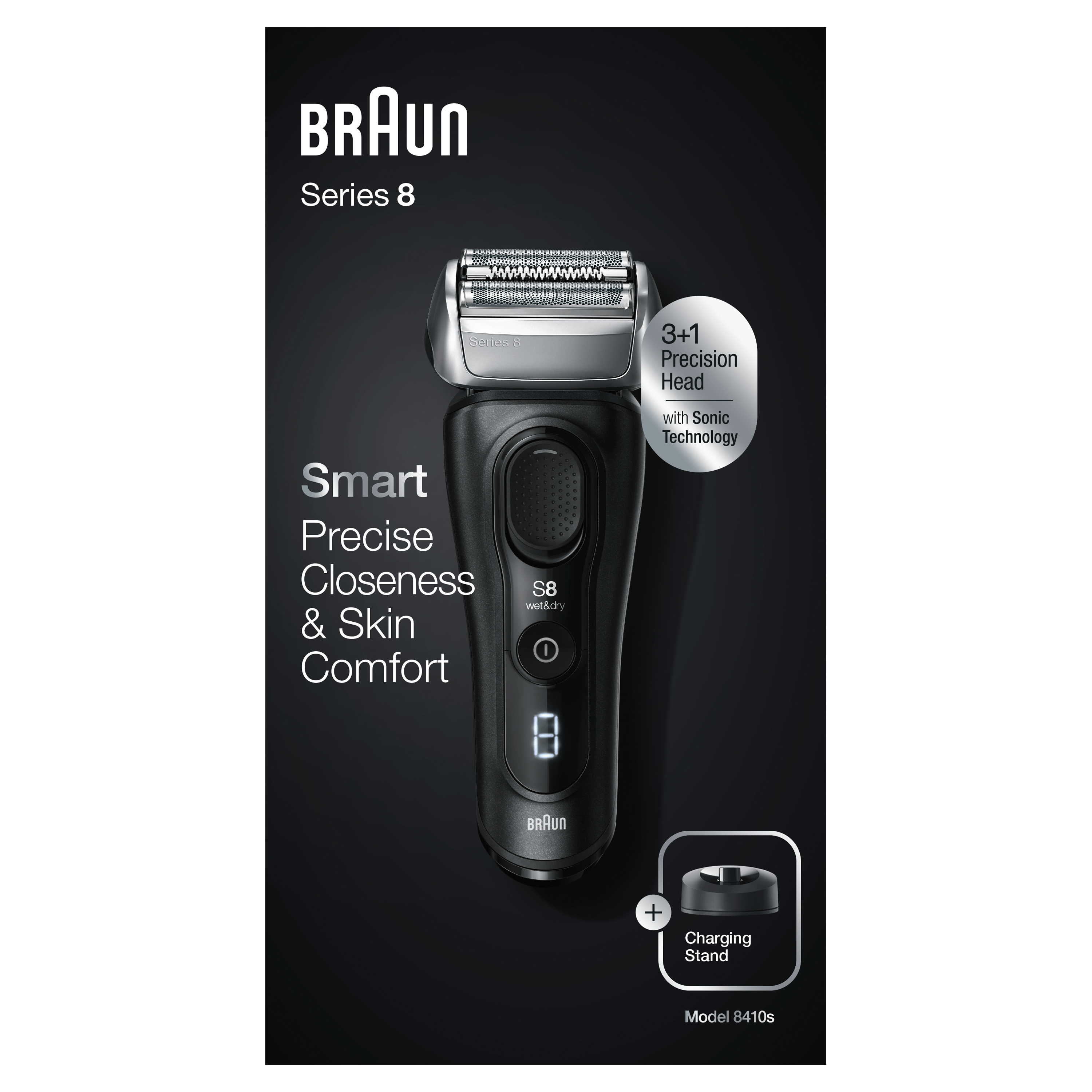 Rasoio elettrico Braun Series 8 nero con base di ricarica. Il rasoio mostra un display digitale.